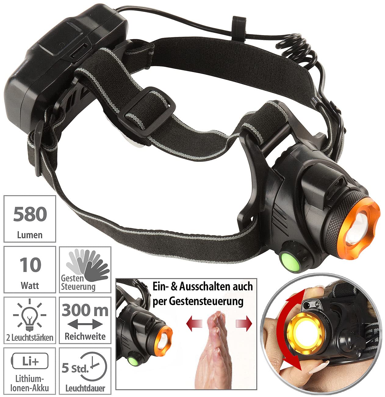 Outdoor Stirnlampe: 4er-Set Akku-Stirnlampen, Gesten-Steuerung, Cree-T6-LED, 580 Lumen (Ergonomische Stirnlampe, superhelle, Band)
