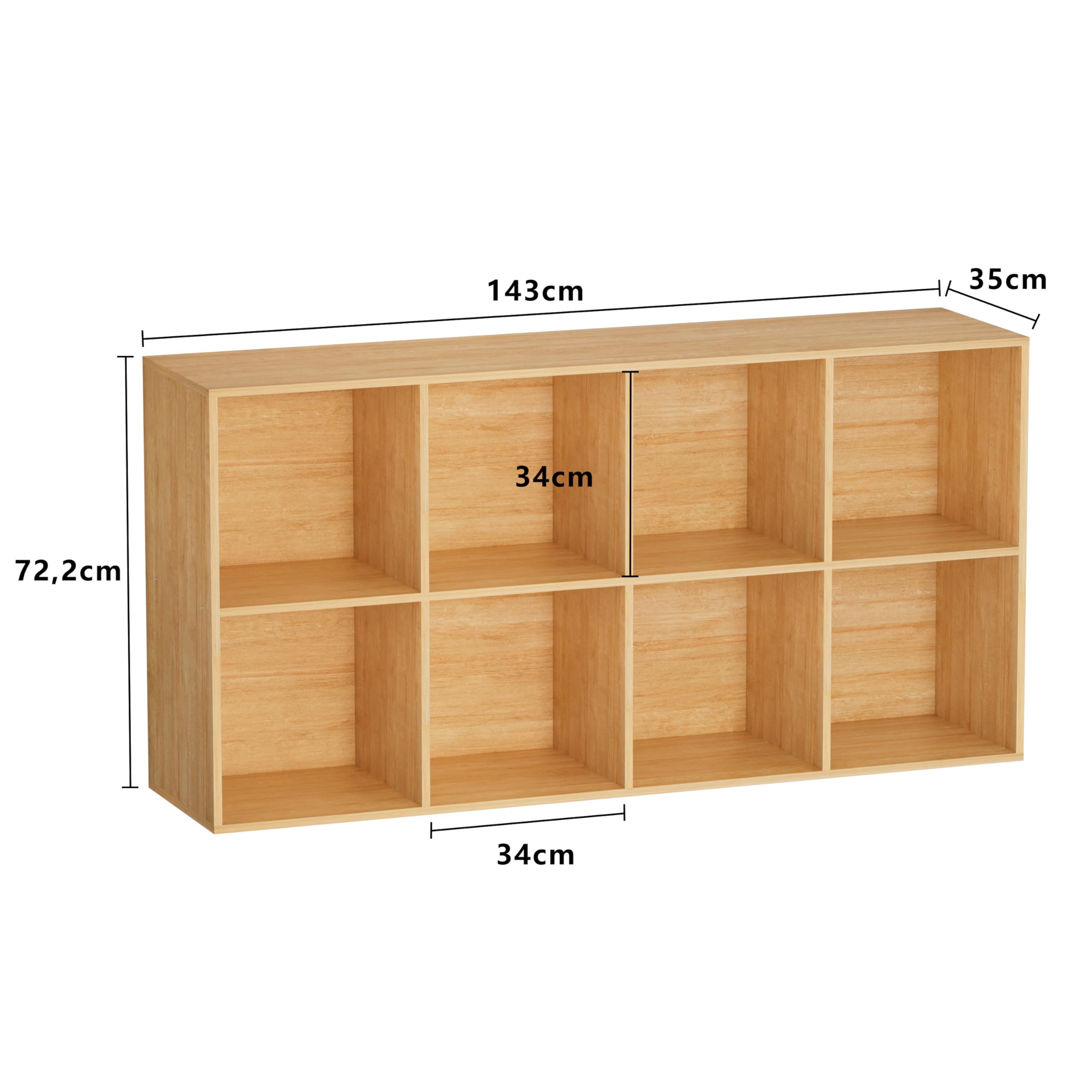 Regal mit 8 Fächern, Holz Bücherregal, Würfelregal, Standregal für Wohnzimmer, Schlafzimmer, Büro, Kinderzimmer (Eichefarben, 8 Fächern （35T x 143B x 72,2H cm）)