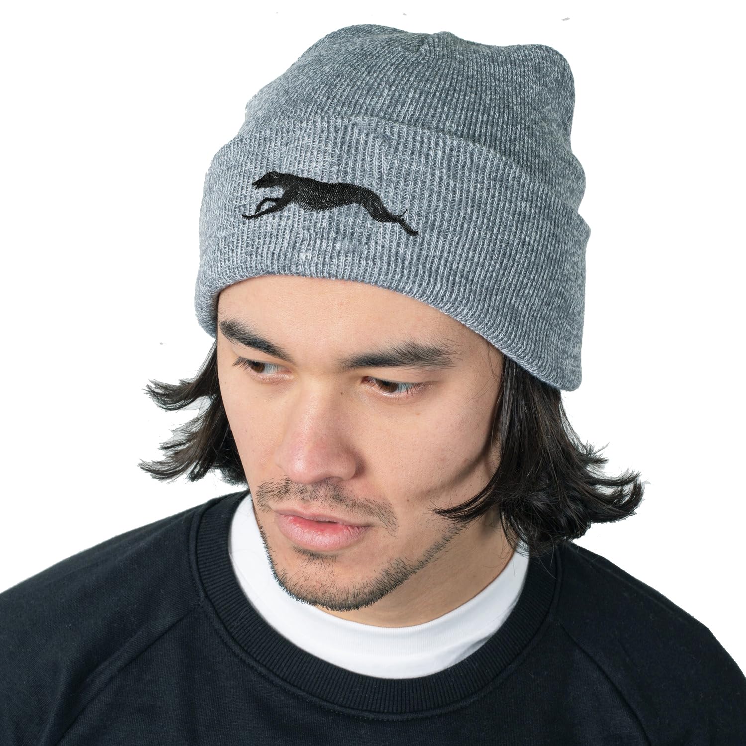 The House Of Dog Greyhound Lurcher Owner Gift. Classic Cuffed Unisex Beanie Ski Hat with Embroidered Design. Grey