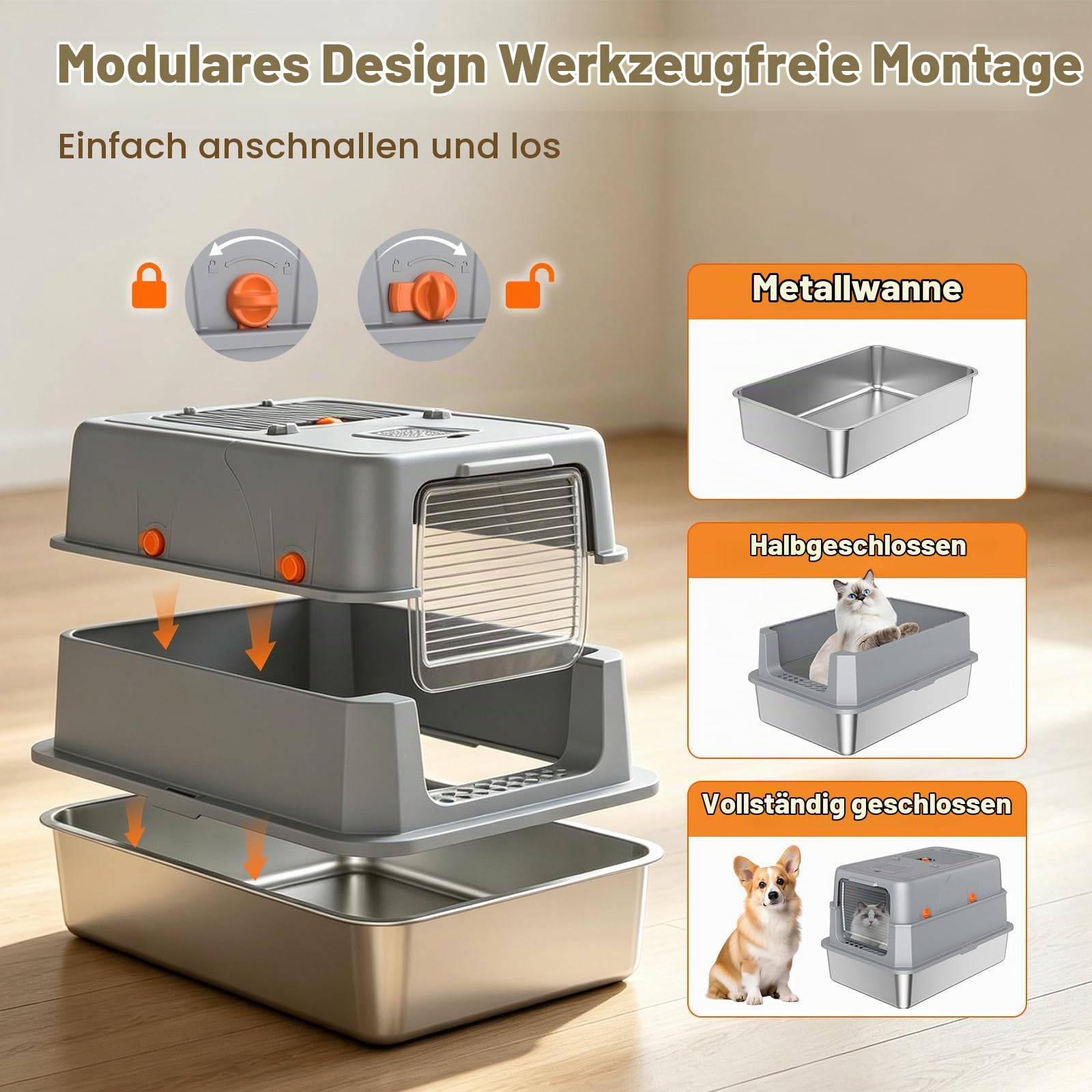 Edelstahl-Katzentoilette mit Deckel – hohe Seitenwände, geschlossene Metallwanne, Kratzfest & urindicht, antihaftbeschichtet, aufklappbare Front & Einstieg von Oben, inkl. Matte & Schaufel