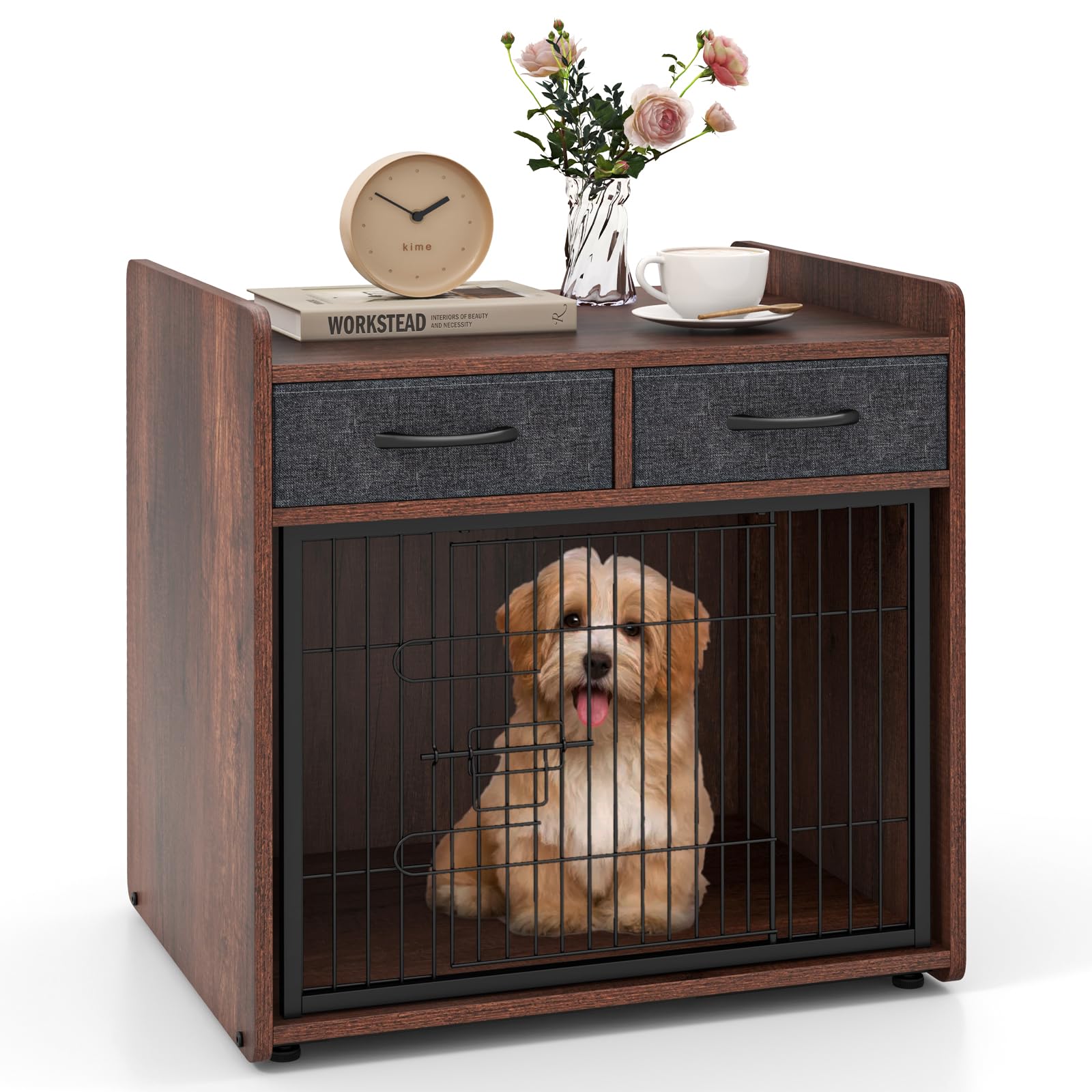 GOPLUS Dog Furniture, Wooden Dog Crate with 2 Fabric Drawers, Lockable Door, Indoor Dog Kennel, Heavy Duty Dog Crate Table for Small and Medium Dogs