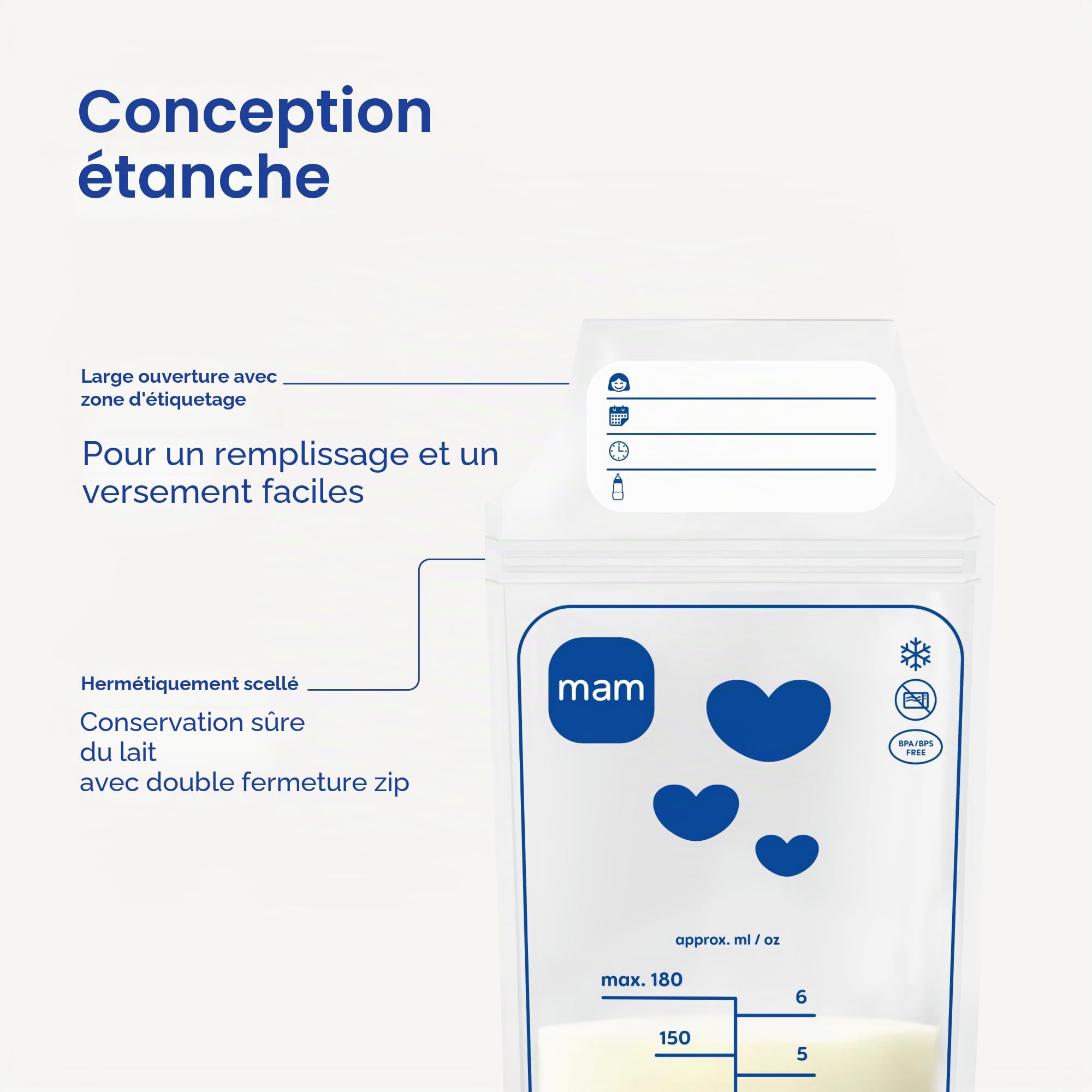 MAM Sacs de stockage de lait | Lot de 100 | Solution de stockage du lait maternel anti-fuite et pré-stérilisée | Design peu encombrant | Facile à verser et à ranger | Essentiels pour bébé pour