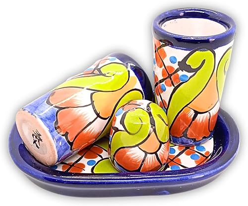 Miniatura 8 de MEXTEQUIL - Auténticos vasos de chupito de tequila talavera mexicana, salero con bandeja - Juego de 4 piezas - Colorido artesanal pintado a mano -