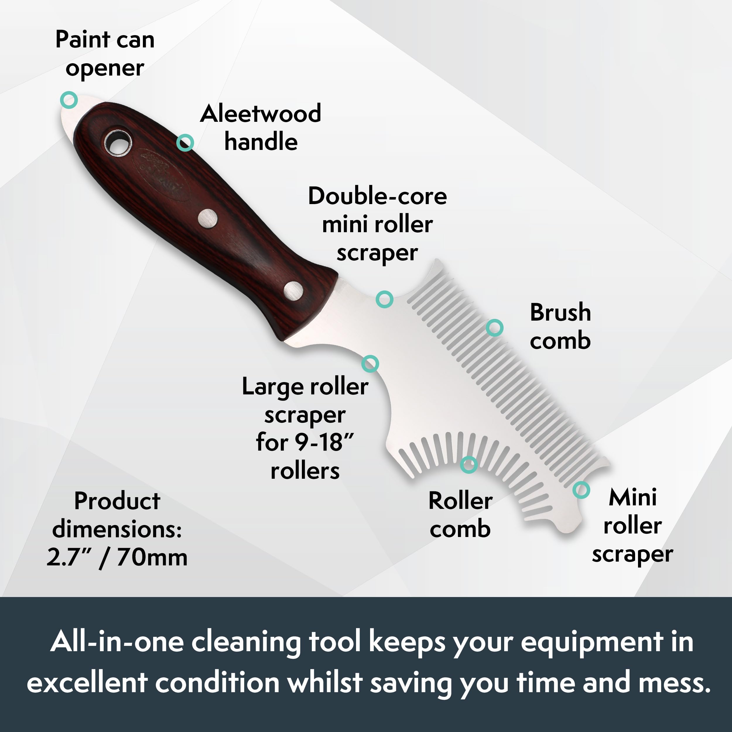 Axus Decor Stego Rouleau de peinture 6 en 1 pour rouleau de peinture tout-en-un Outil de nettoyage pour rouleaux de peinture et pinceaux, lame en acier inoxydable, 3 grattoirs à rouleaux, peigne