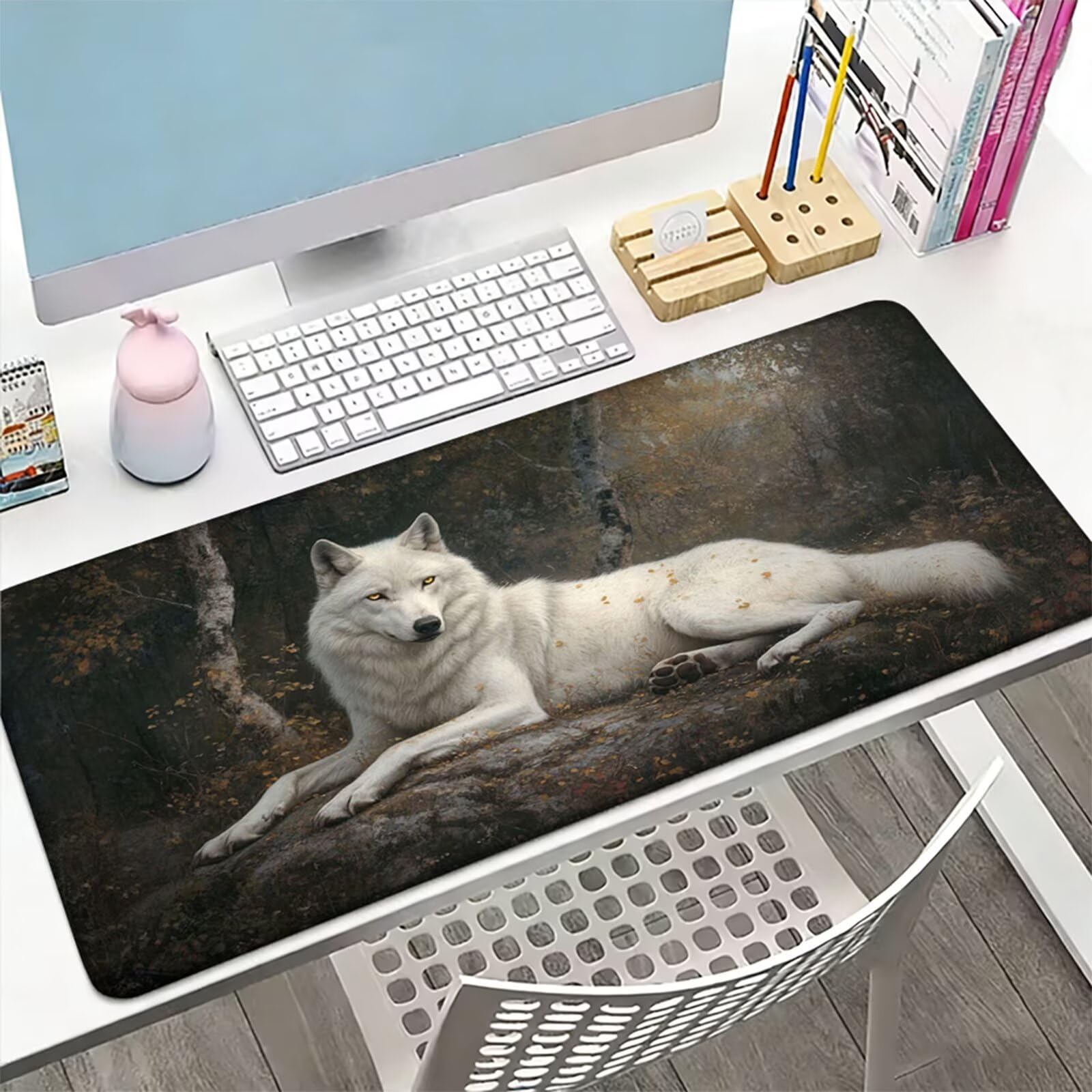 Podkładka pod mysz XXL 1000 x 500 x 3 mm, szara podkładka pod mysz, duża podkładka pod mysz wilka z wodoodporną i antypoślizgową gumową podstawą, zmywalna mata na biurko do gier, akcesoria biurowe W