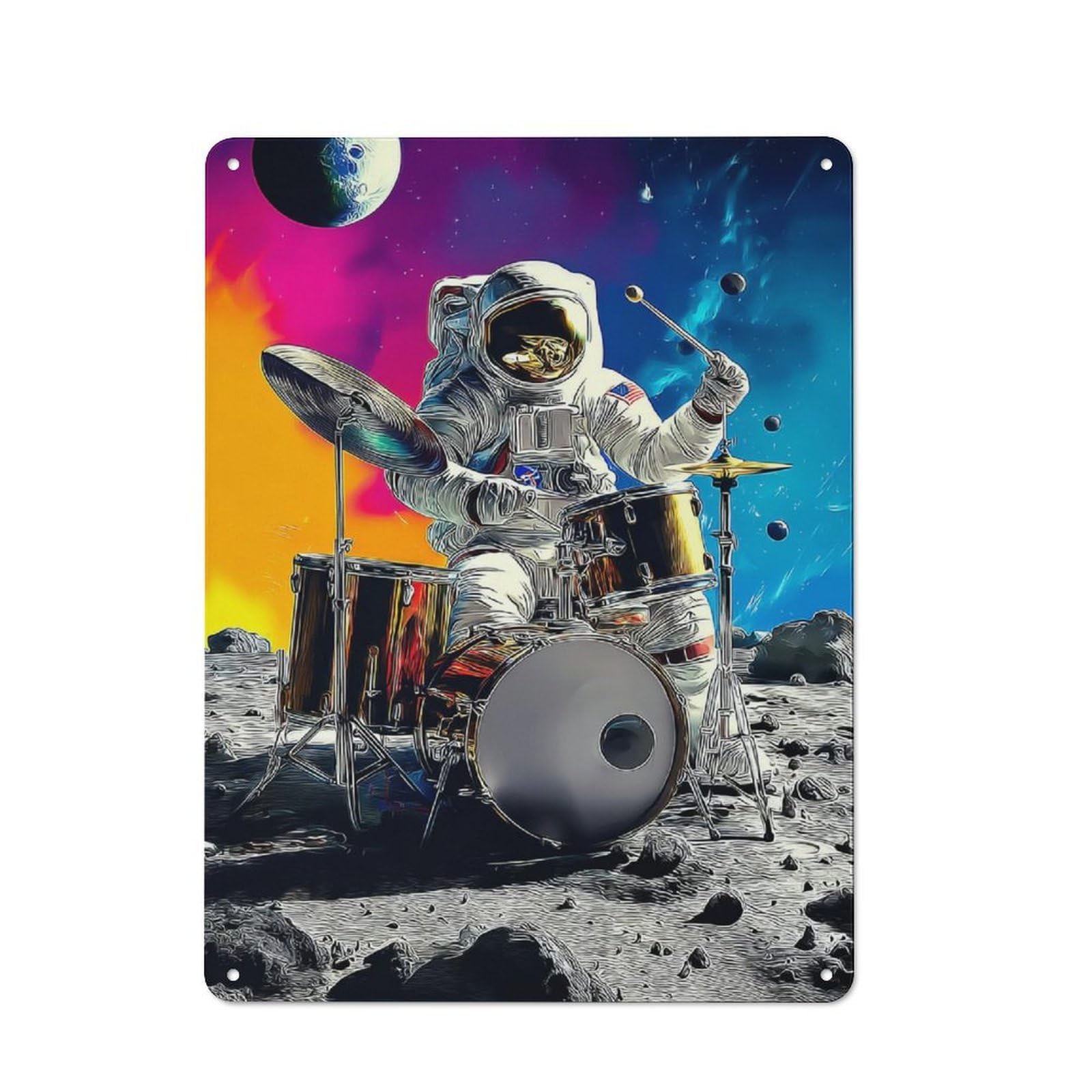 Junmoney Astronaut Drummer On The Moon -4 For Guest Room Or Hallway, Retro-Style Tin Sign 40X30cm, For Vintage Wall Decor Fans, For Themed Room Decoration