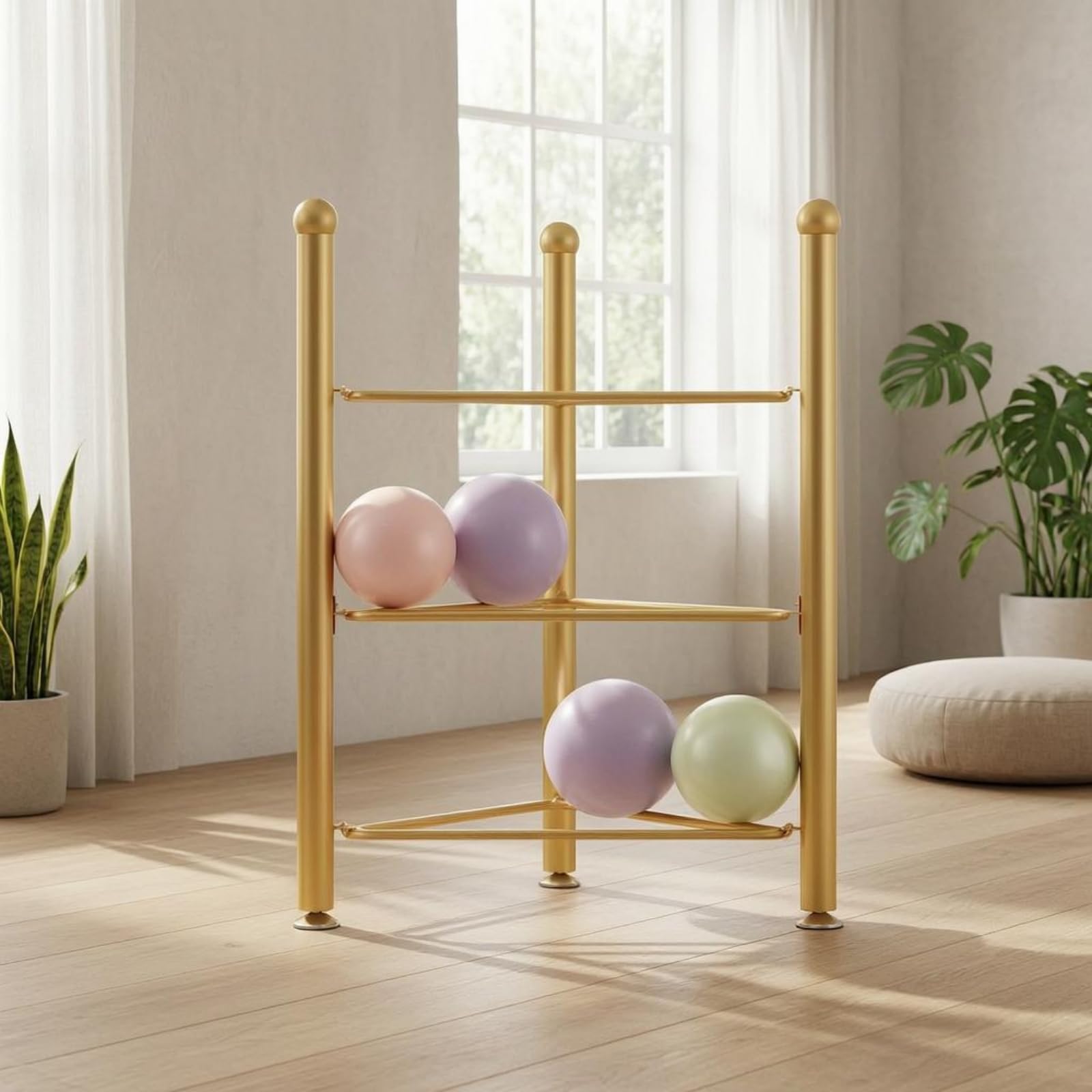 Organizador Pelotas 3 Niveles Base Estable Estante Triple Niveles Ahorra Soporte Vertical Fitness, Blanco