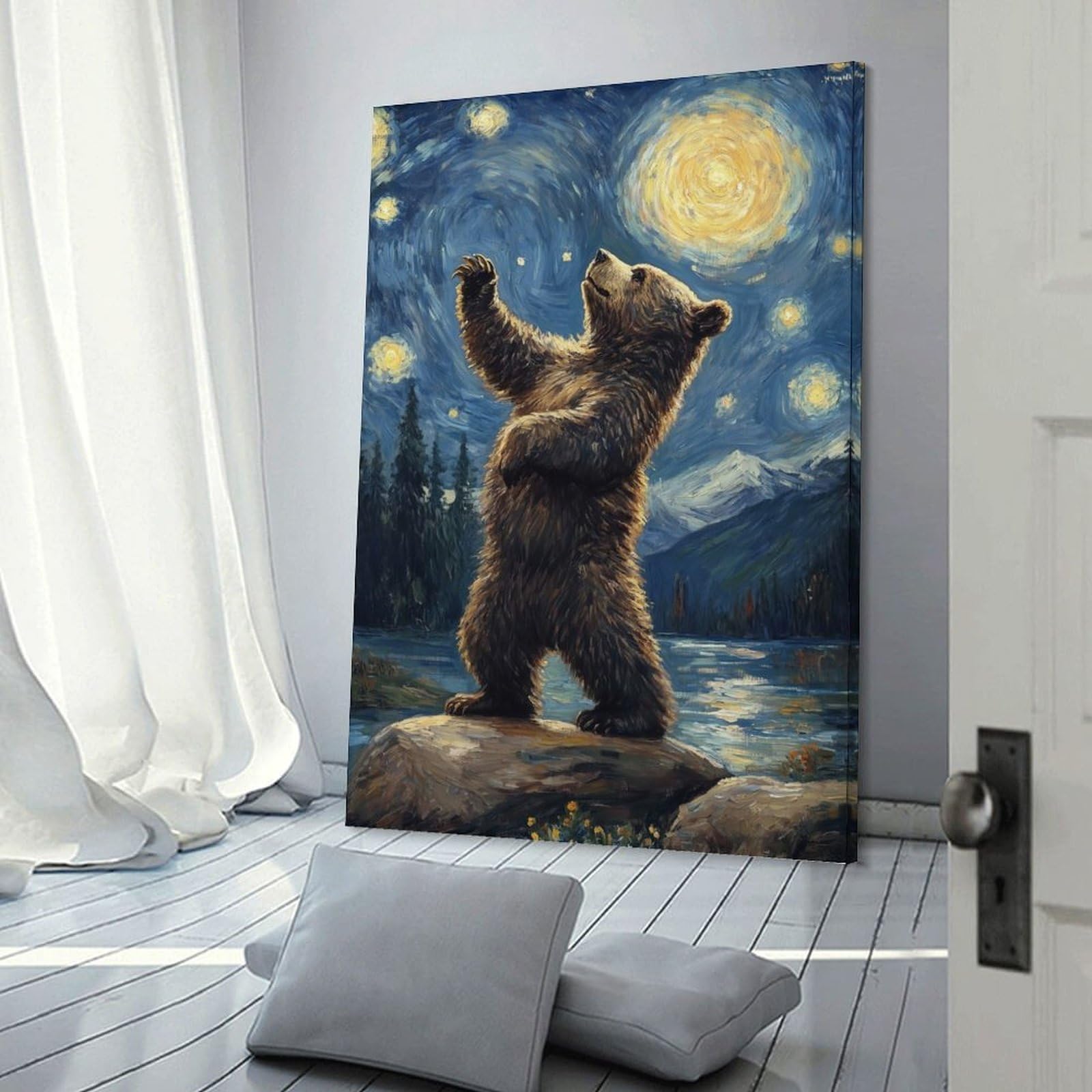 Junmoney Canvas Wall Picture Bear Gazing at Stars, 20x30inch(50x75cm), for Home Lounge, Bedroom Or Reading Nook, A Home Accent with Warm Character