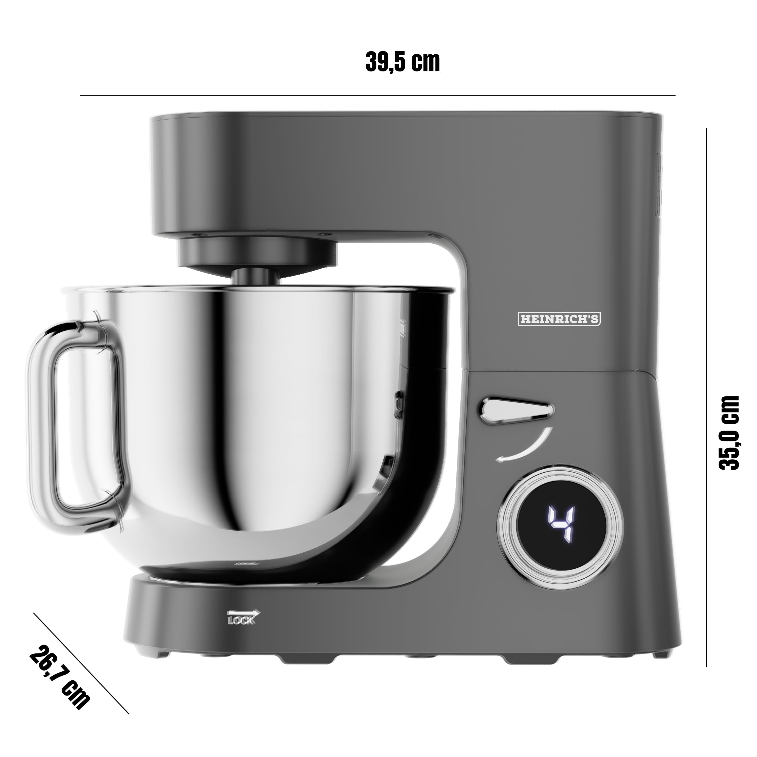 Heinrichs´s Küchenmaschine, Knetmaschine, Teigmaschine, 2500W Küchengerät, Doppel-Knethaken, Rührhaken, Schneebesen, 8 einstellbare Geschwindigkeiten, XXL 8L Edelstahlschüssel,geräuscharm, Titan