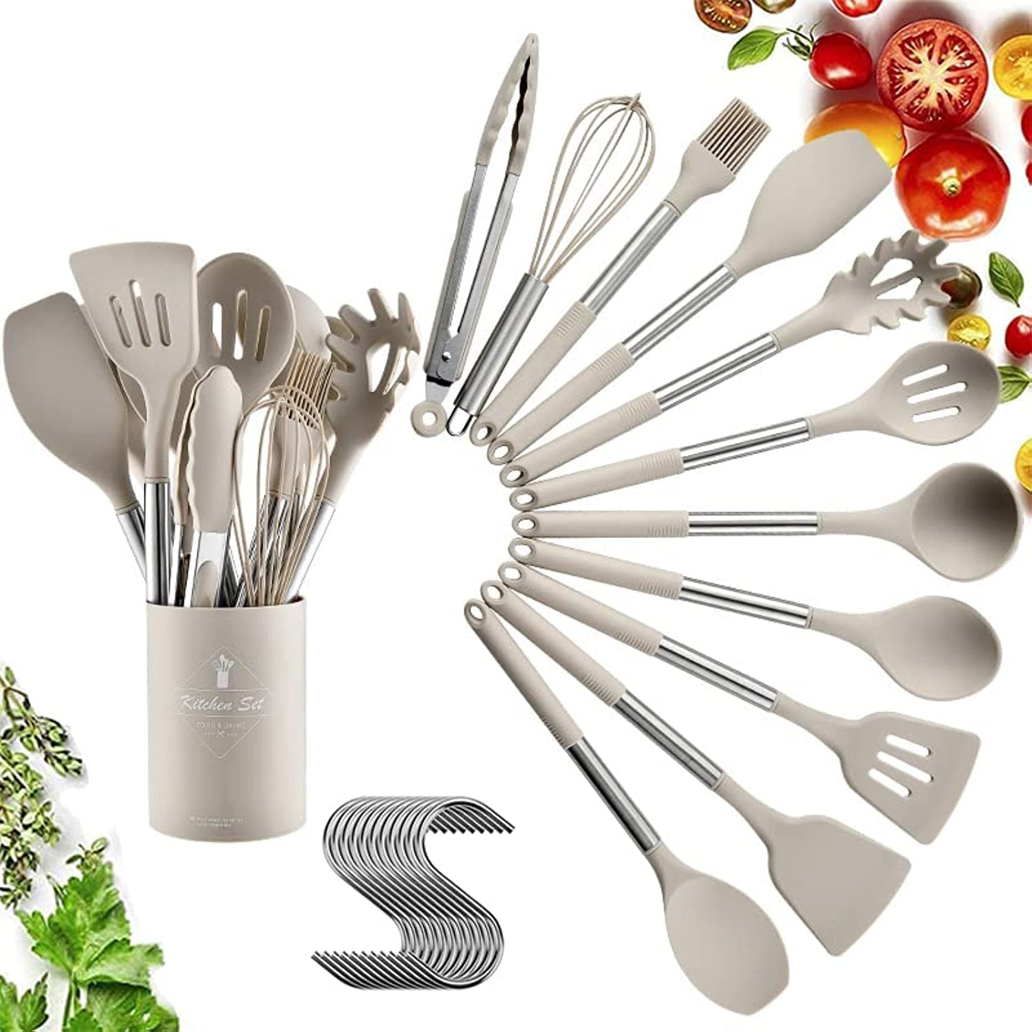 Arabest 12 PCS Silicone Kitchen Cooking Utensils Set Non-stick Cookware Kitchen Tools Set with 10 Hooks (Khaki)