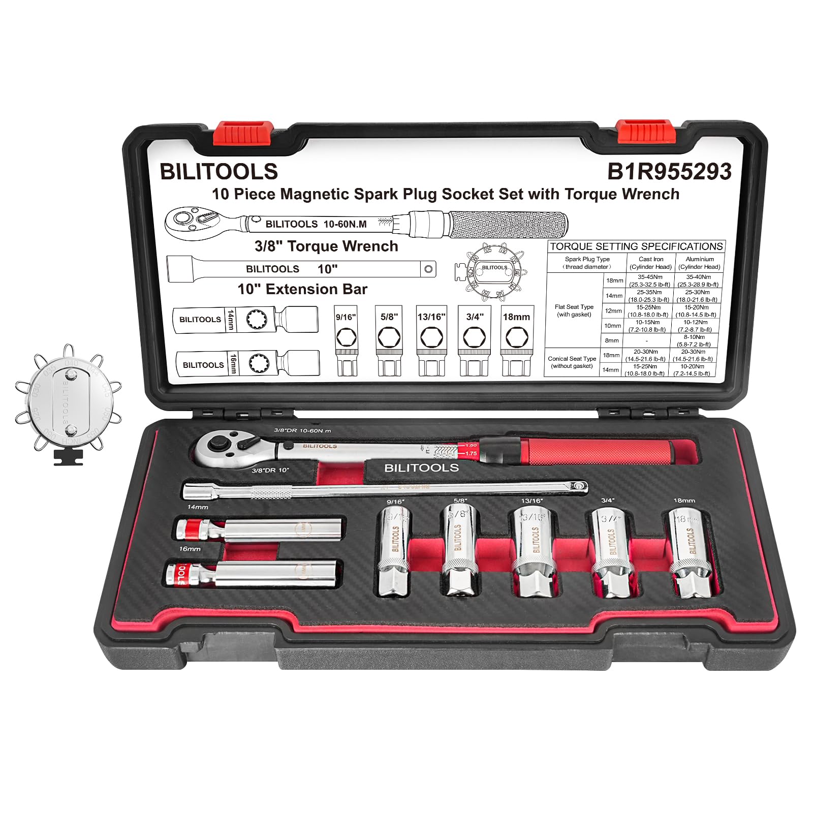 BILITOOLS 10 PCS Magnetic Spark Plug Socket Set with Click Torque Wrench & Spark Plug Gap Tool, 3/8 Inch Magnetic Sockets 9/16" 5/8" 3/4" 13/16"