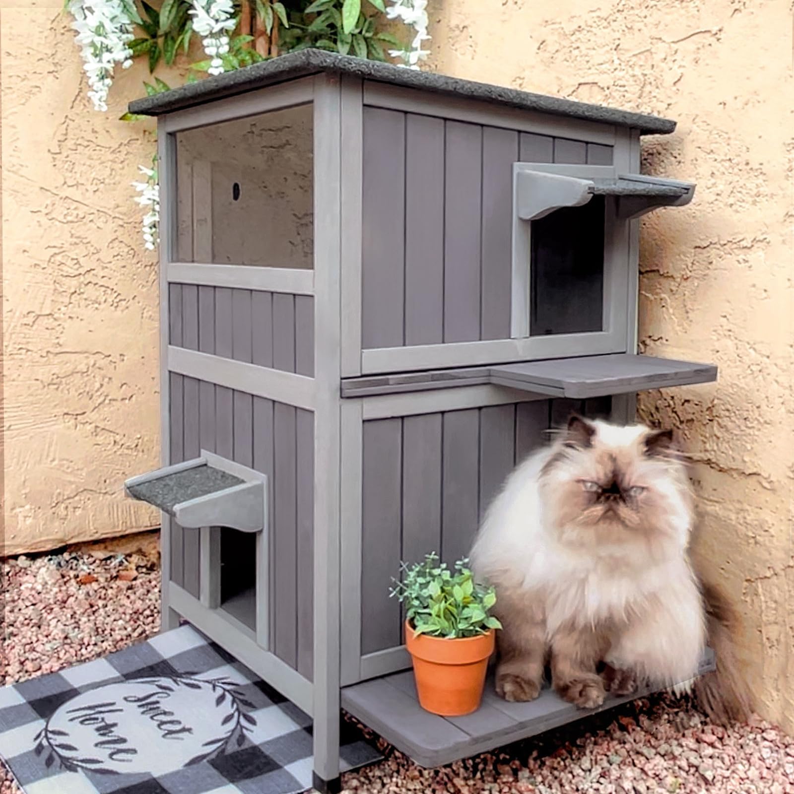 Akinerri Cat House Feral Kitty Shelter Outdoor & Indoor Cat Cage with Waterproof Roof, 2 Large Side Doors