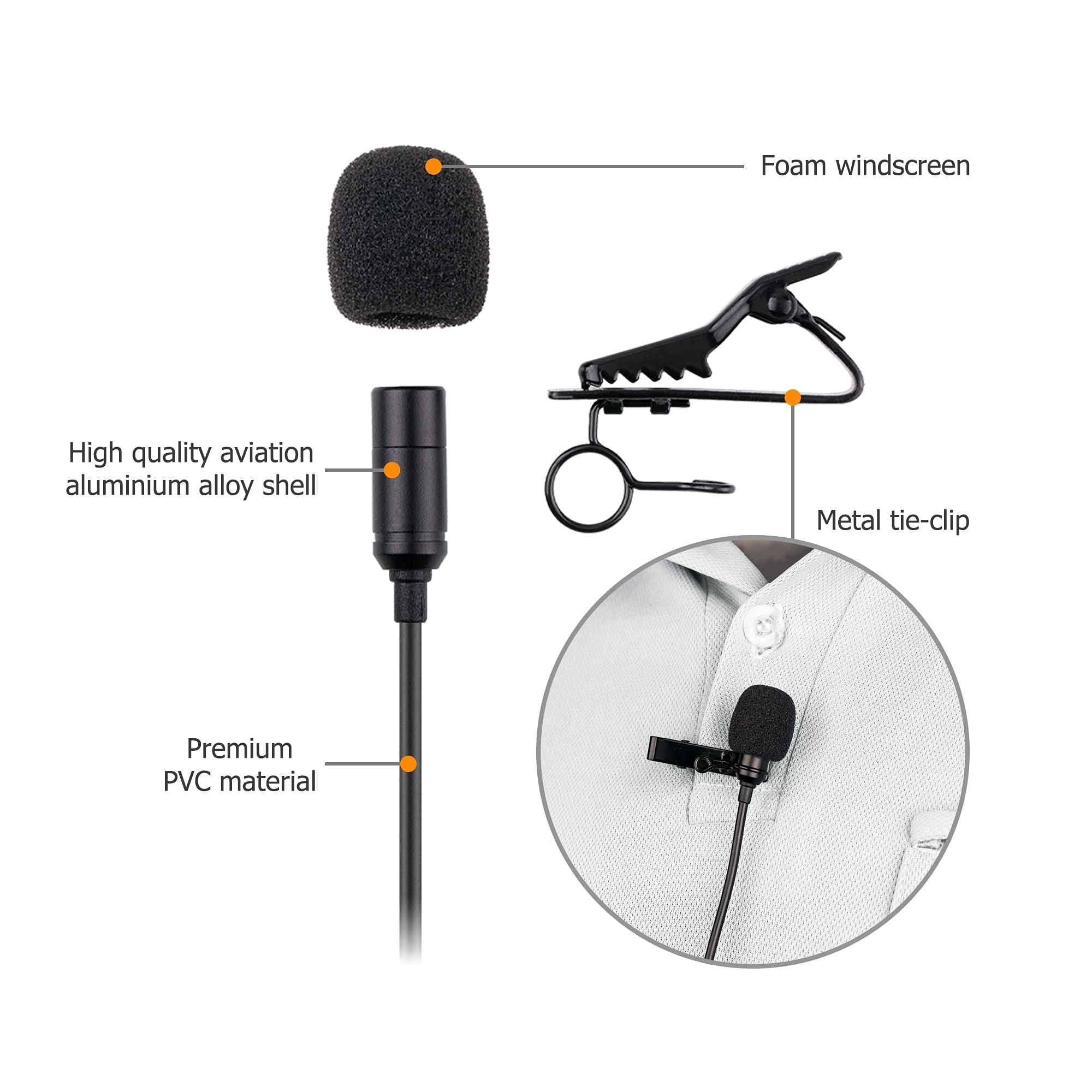 Kiwifotos Microfono lavalier omnidirezionale, microfono lavalier a condensatore TRS TRRS da 3,5 mm per videocamera Videocamere PC Smartphone Videocamere ZOOM Handy Recorders (2 m / 6,6 ')