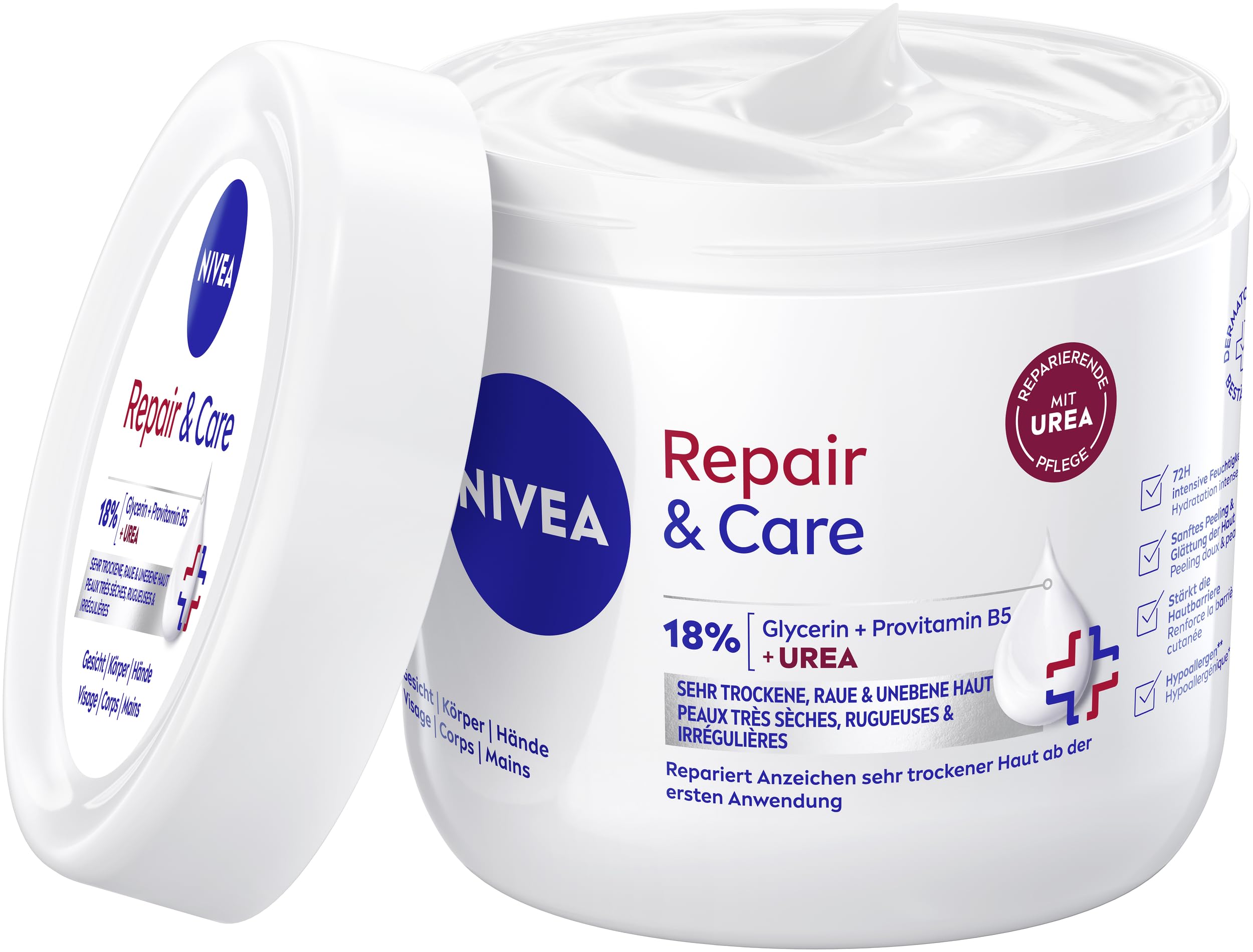 NIVEA Repair & Care Creme Glycerin + Urea (400 ml), intensiv pflegende Creme für 72h Feuchtigkeit, schnell einziehende Urea Creme für sehr trockene, raue & unebene Haut