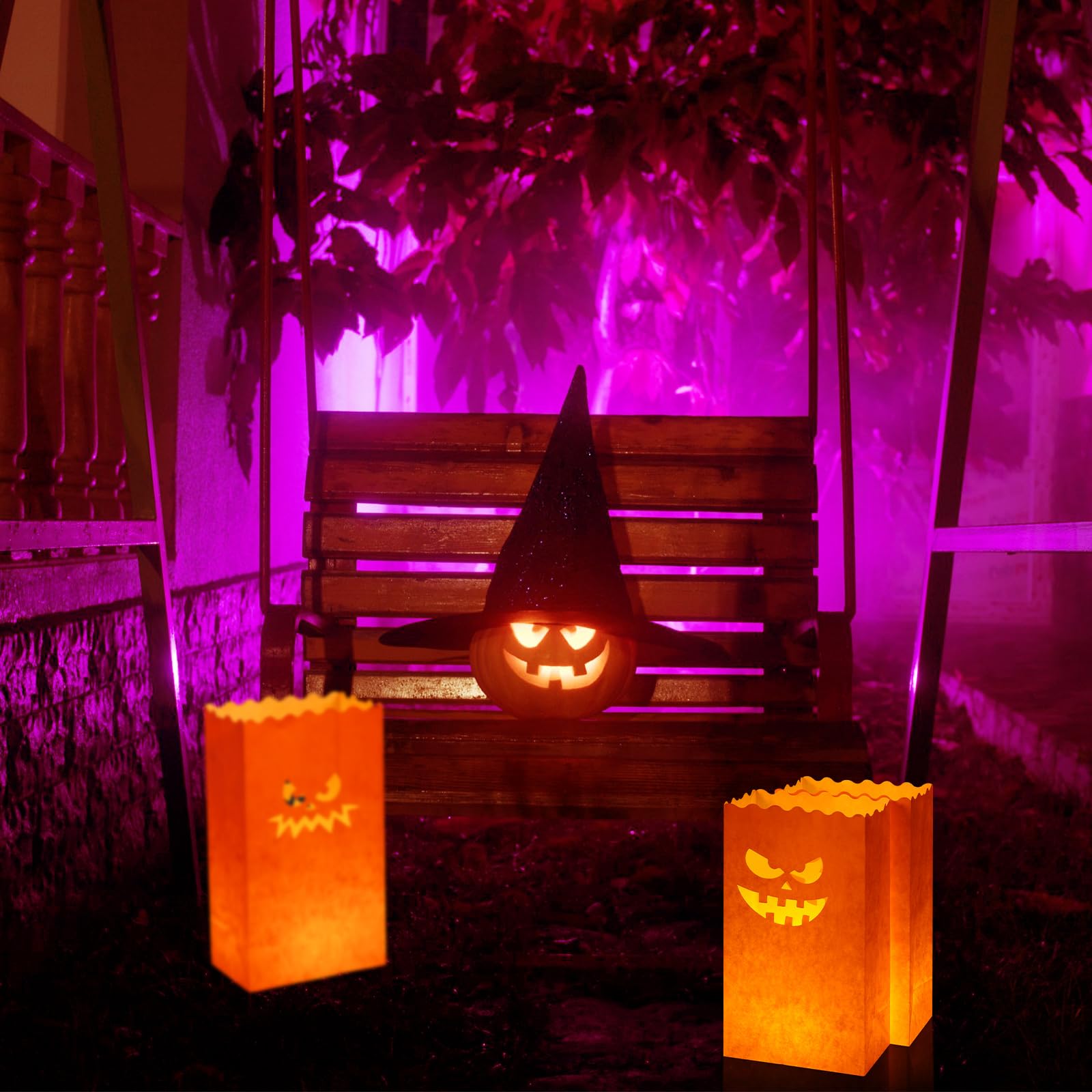 Honoson 100 Set Halloween Luminary Bags with LED Light Candles Flame Resistant Paper Candle Bags Luminaries Flameless Orange LED Light Paper Lantern Bags for Halloween Party Decor Outdoor Indoor