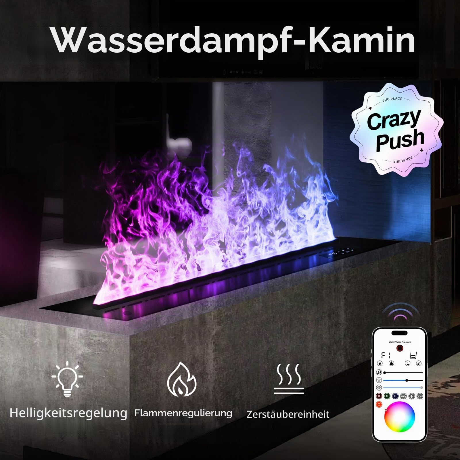 3D-Wasserdampfkamineinstellbare Flammen in 9 Farben, 50cm Nicht erhitzt