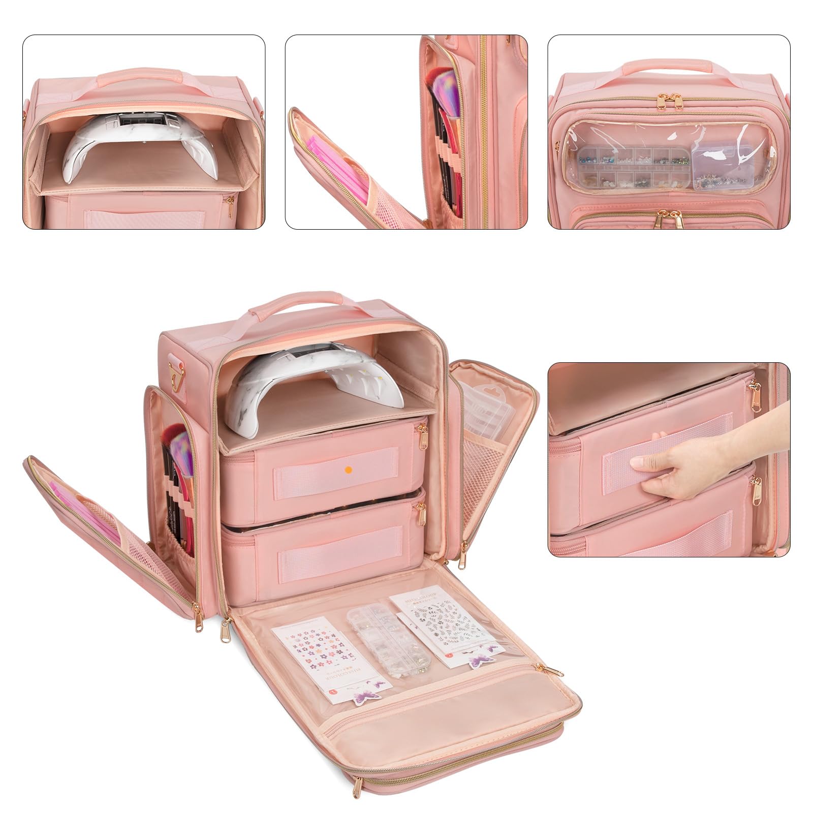 OCHEAL Nail Polish Organizer Case for 50-60 Bottles (15ml) - Portable Manicure Storage Bag with 2 Detachable Pouches, Nail Lamp Compartment & Tools Sections - Travel-Friendly Cosmetic Bag, Pink