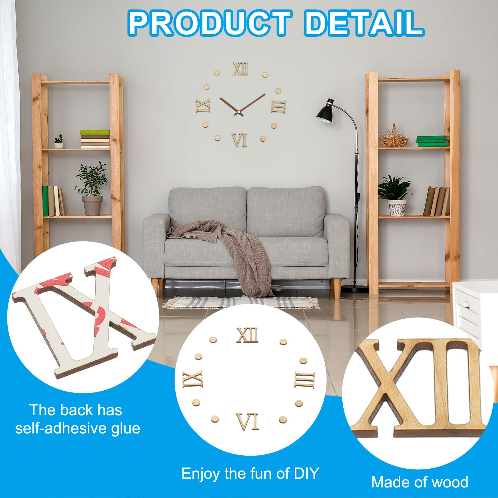 PATIKIL Kit Numeri Orologio In Legno, 1.18 Pollici Accessori Numeri Orologio Autoadesivi Per Sostituzione Numeri Orologio Digitale Fai Da Te, Numeri Romani/Punti Verticali