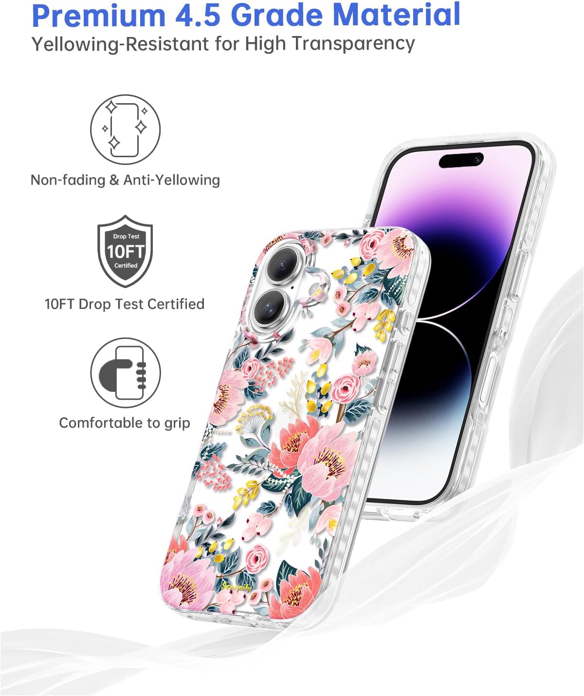 SCORPIFY for iPhone 16 Case with Pink Epiphyllum Floral Design, Cute Clear Flower Phone Cover for Women Girls [10FT MIL-Grade Drop Protection] [Non Yellowing] Slim Bumper with Gold Accents