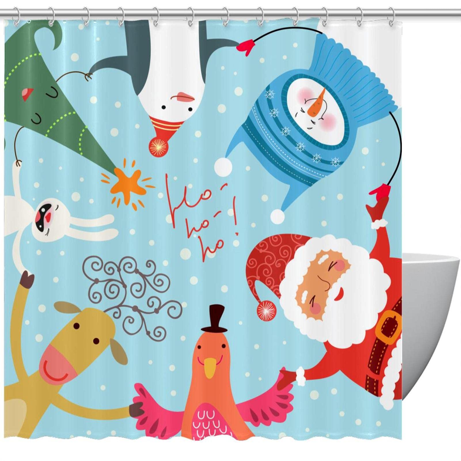 Rideau de douche Ho Ho Ho avec Père Noël et pingouin 168x183 cm