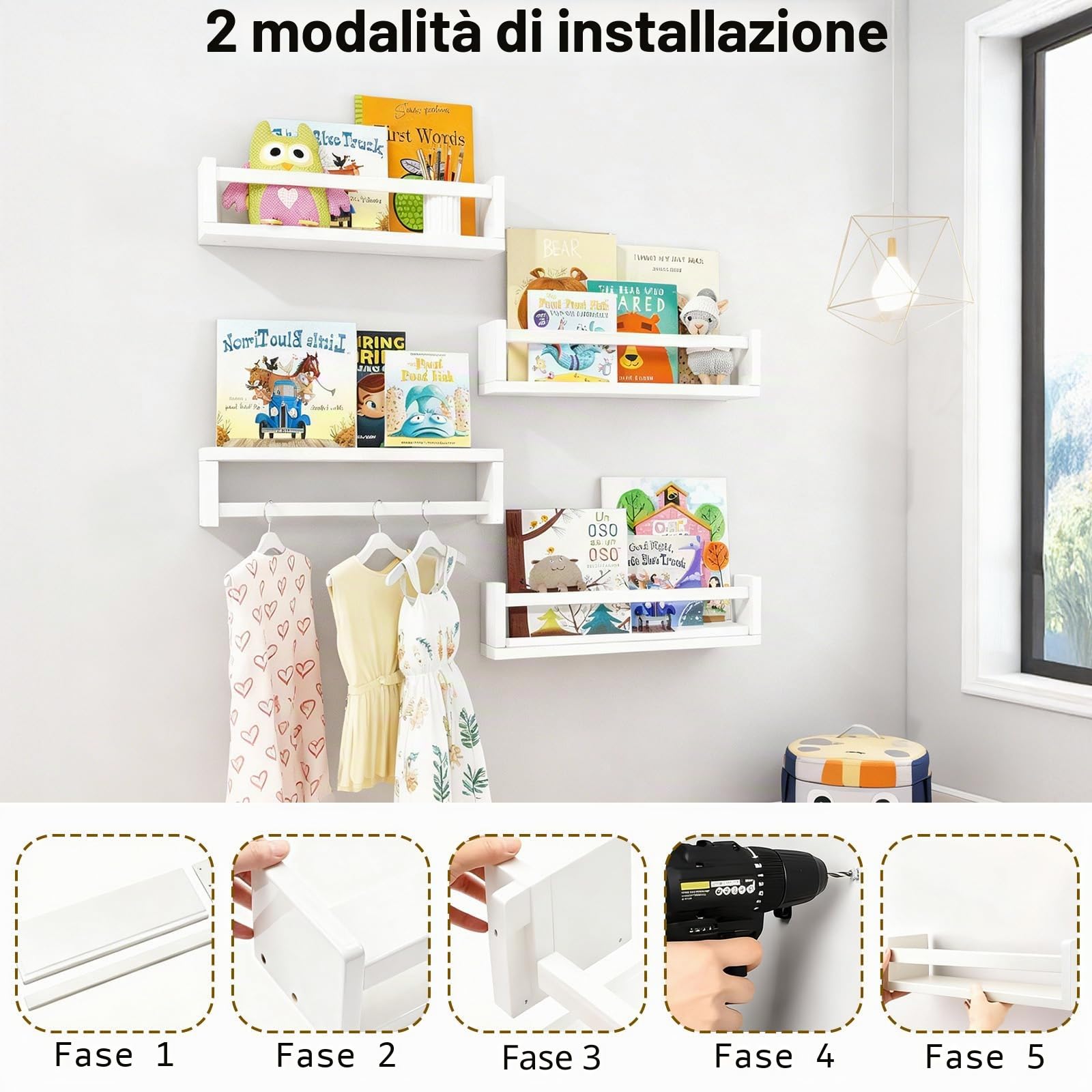 Set di 3 mensole per la cameretta, mensole da parete sospese, mensole a parete in legno con bordo, mensole sospese per libri, mensole per cameretta