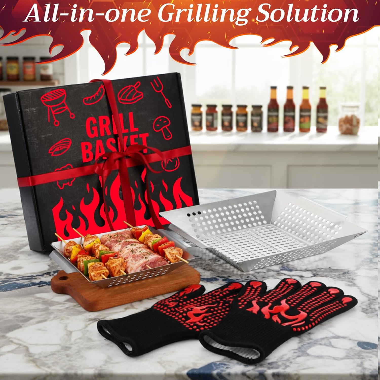 Grill Baskets for Outdoor Grills Set, 2 Sizes Grill Baskets with Fireproof BBQ Gloves, Stainless Steel Basket for Veggies, Grilling Accessories for Most Grills & Smokers, Christmas Men Gifts