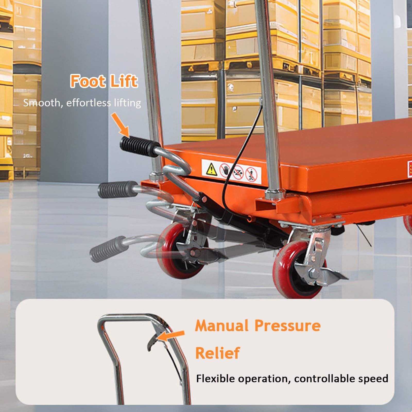Piattaforma di sollevamento del carico da 150 kg, ascensore manuale con ruote, altezza massima 1260 mm/1100 mm, base larga 700 x 450 mm per officine meccaniche