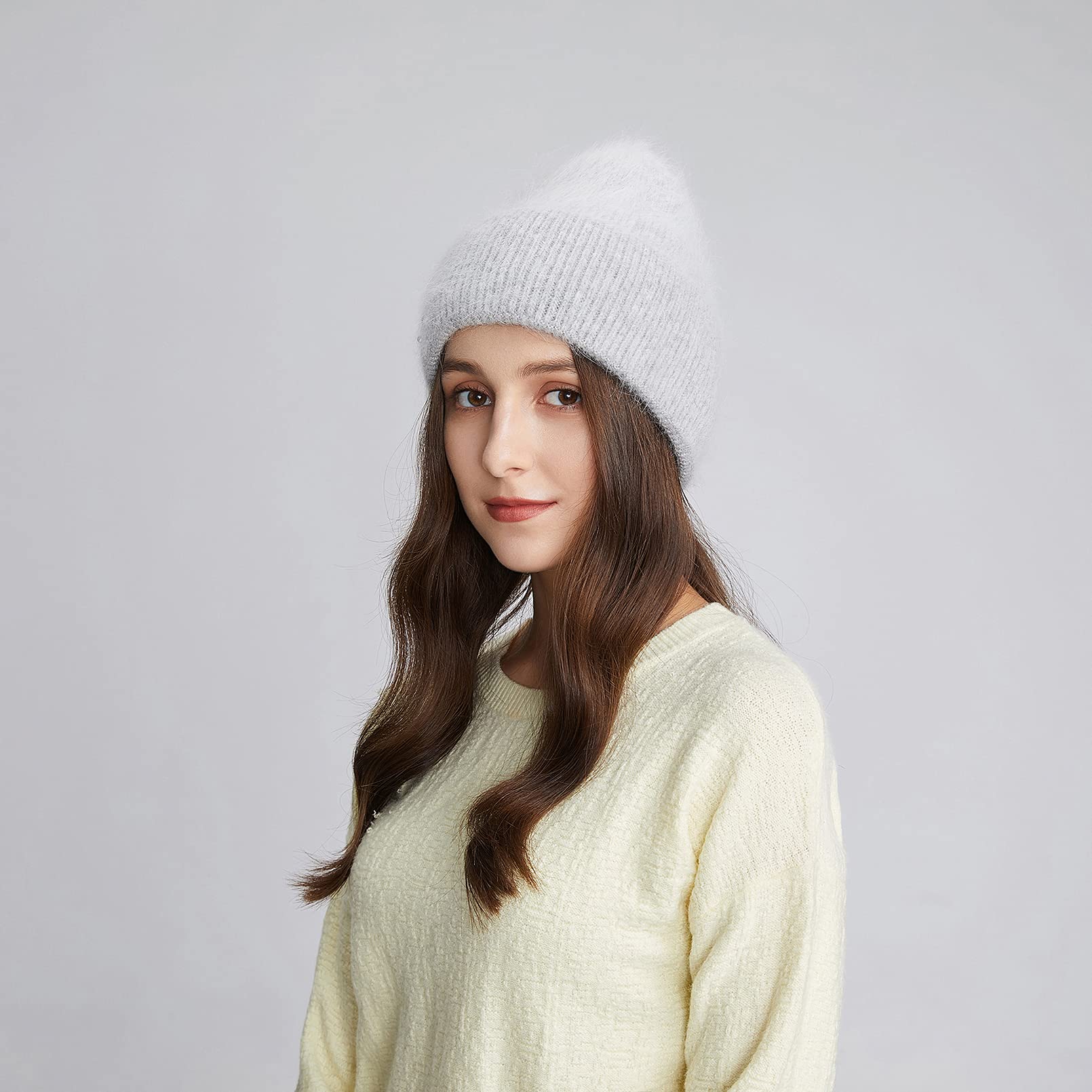BeFur Bonnet à pompon en cachemire pour femme - Chaud - Côté large avec strass - Pour l'hiver, gris clair, Taille unique