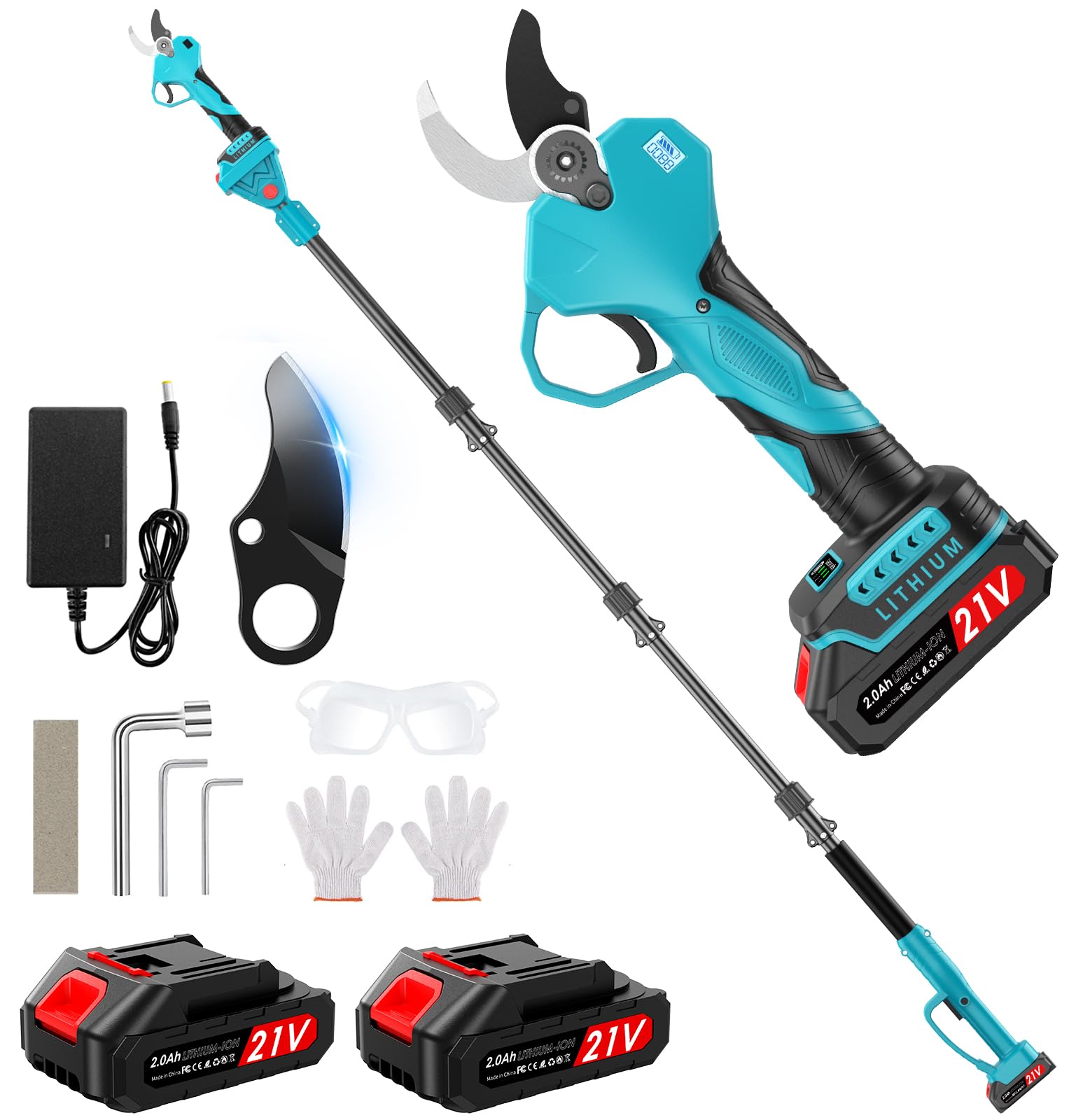 Tijeras de Podar Electricas, Con Mástil Telescópico de 200cm, Apertura de 50mm, 2 * 2000mAh Batería Tamaños de Apertura con Monitor Tijeras de Podar con 1000W Motor Brushless para Jardinería,Frutales