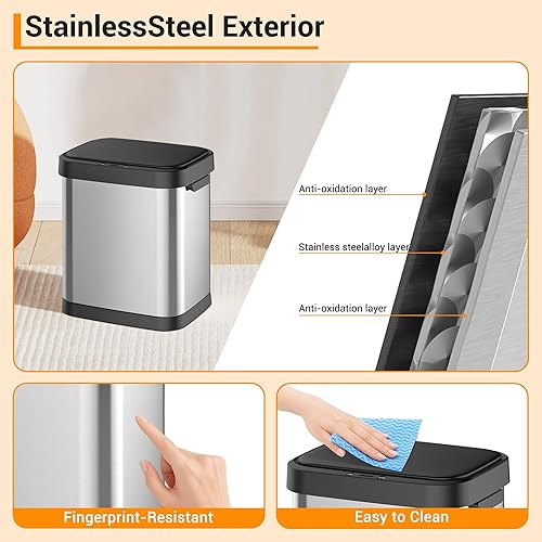 Miniatura 6 de Bote de basura automático Cubo de basura inteligente de acero inoxidable sin contacto de 8 galones30 litros con tapa, cubo de basura rectangular