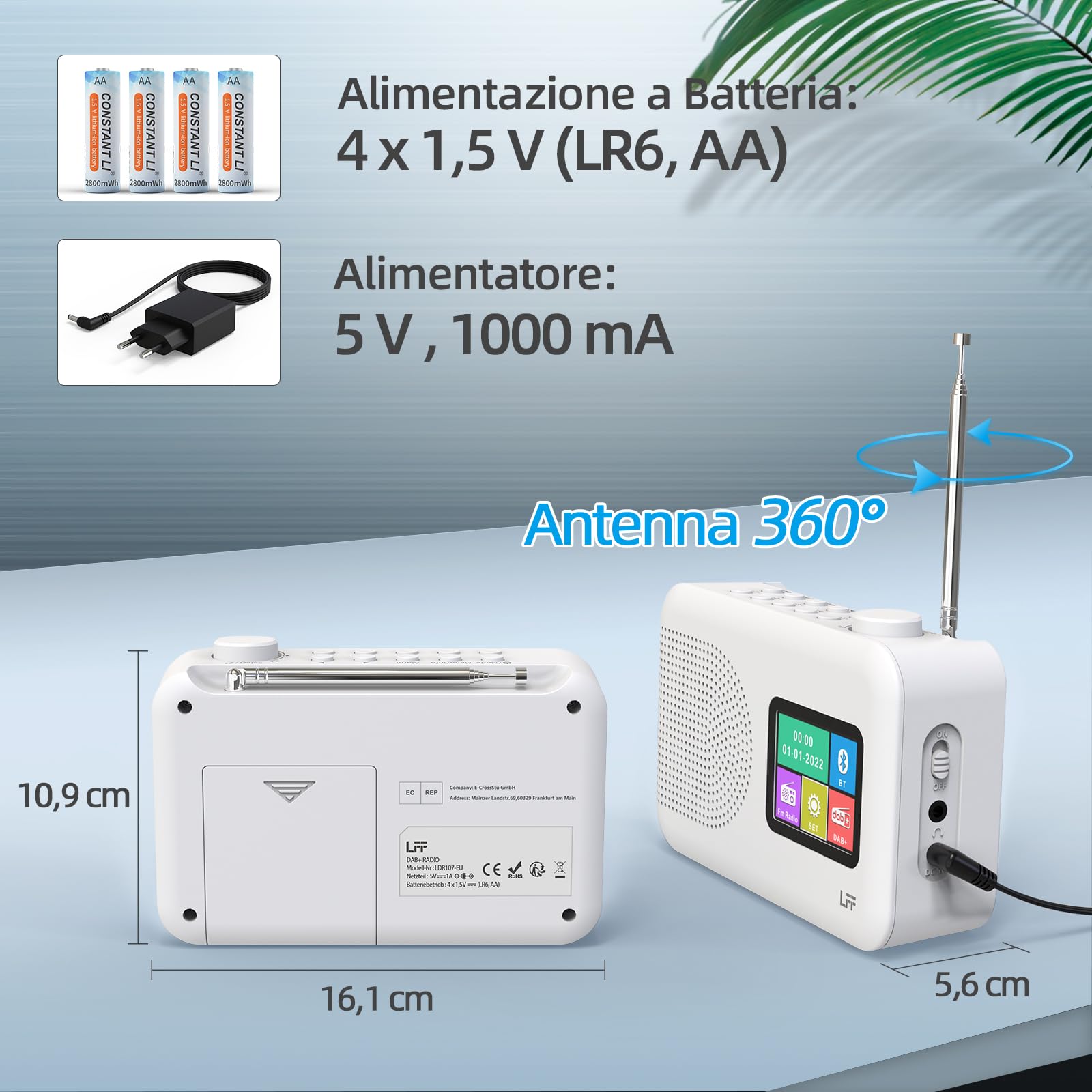 LFF DAB Radio, DAB Plus, radio digitale FM, radio da cucina con cavo o funzionamento a batteria, display a colori radio con Bluetooth