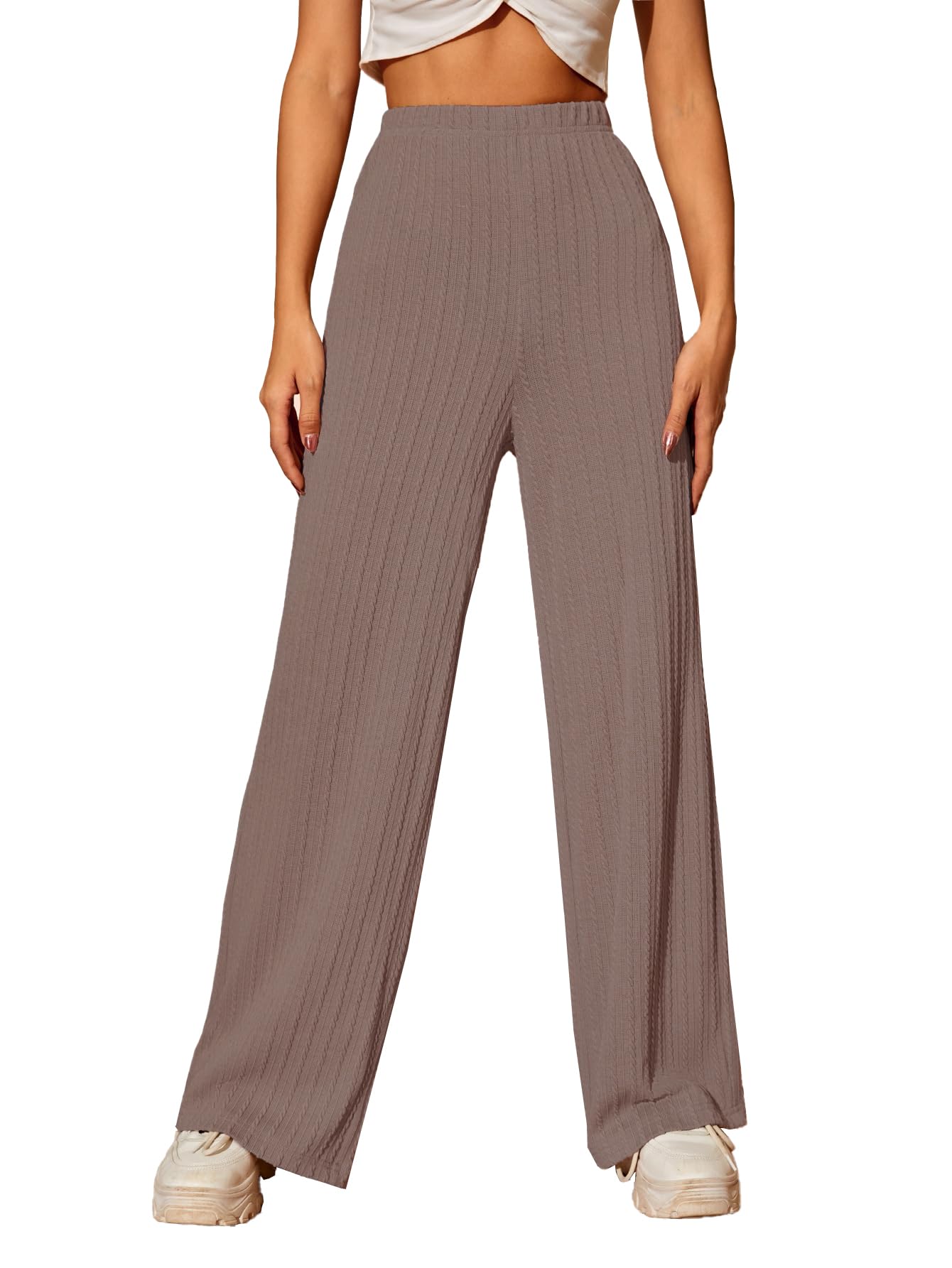 DressBerry Ribbed Knit Trousers for Woman | High Waist Wide Leg Palazzo Pants with Elastic Waist | Straight Relaxed Fit Casual, Office, Travel & Lounge Wear (5252) in neutral