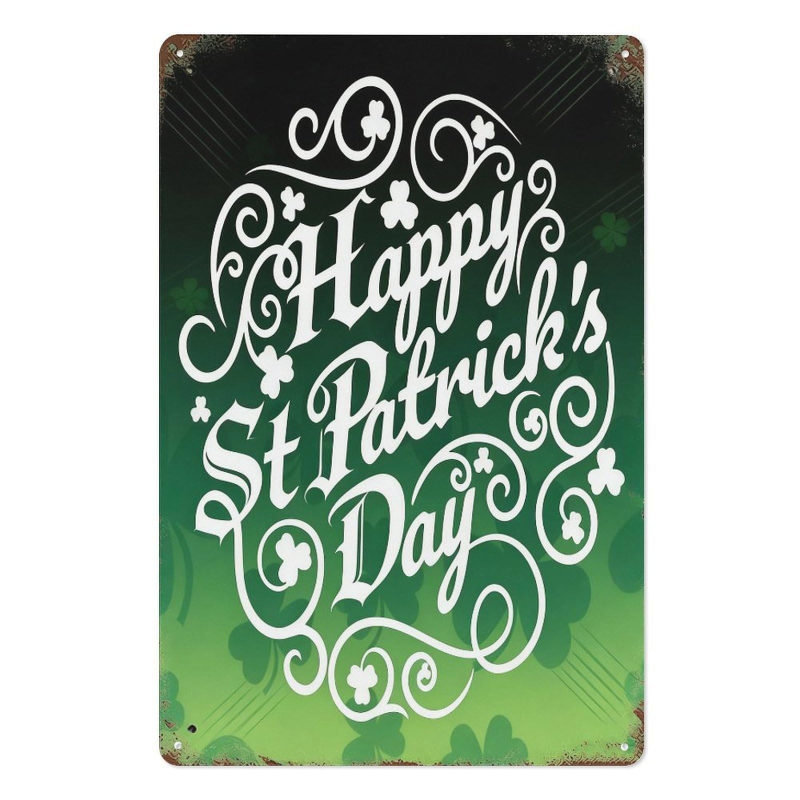 peiyeety Happy St Patrick’s Day Metal Tin Sign 8x12 Inch, Vintage White Swirl Typography Shamrock Pub Home Wall Decor Plaque, Irish Holiday Wall Art