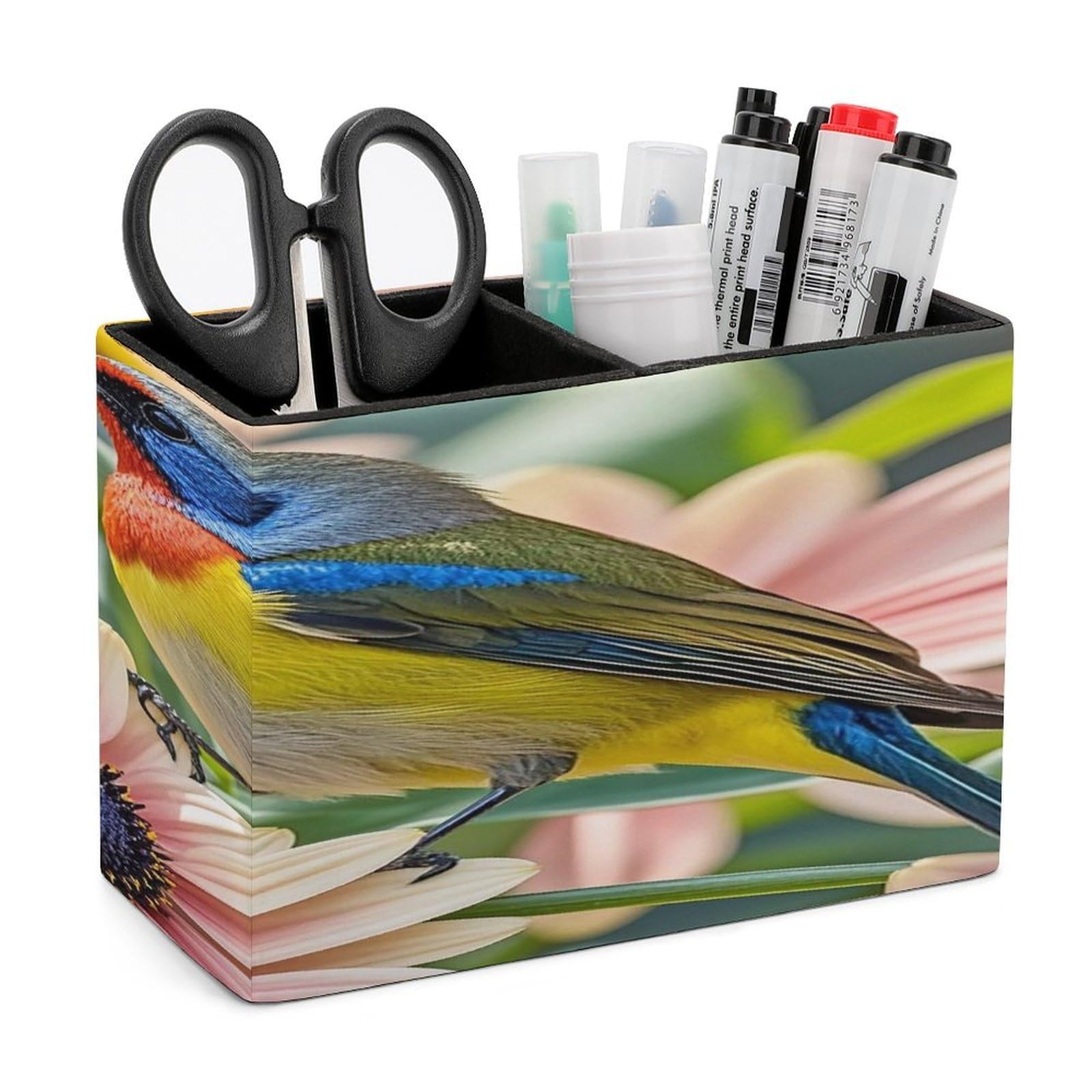 LZQPOEAS Flowers And Birds Leather Pen Holder with 2 Compartments Luxury Pencil Holder Minimalist Pencil Cup Brush Scissor Holders Elegant Pen Cup for Office Home Desk Accessories