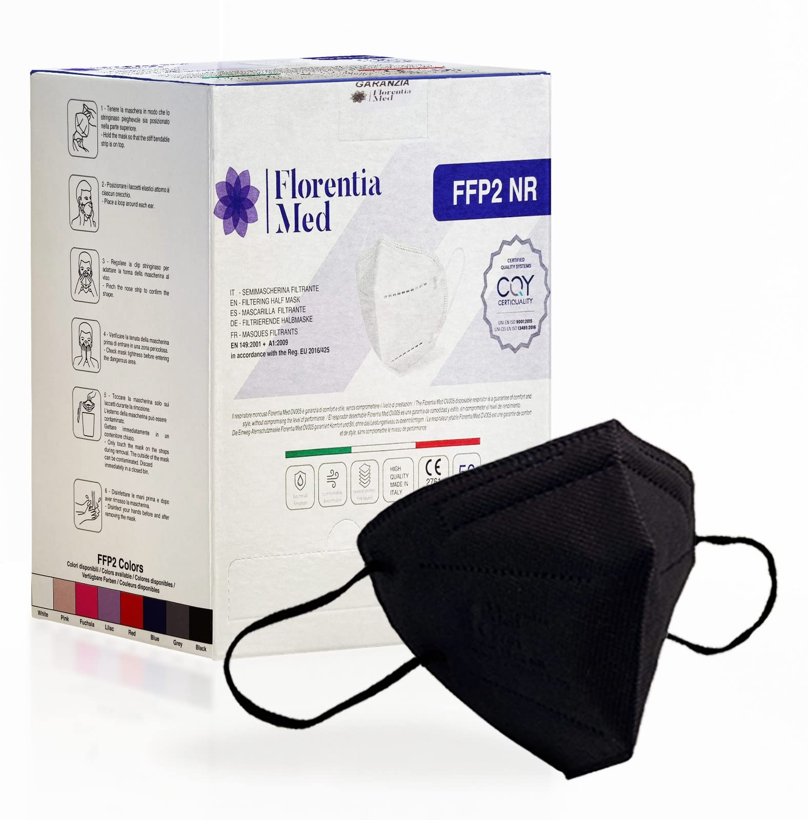 Florentia Med Schwarze FFP2-Masken MADE IN ITALY CE-zertifizierte Kategorie PSA: III, konform mit EN 149: 2001 + A1: 2009. Karton mit 50 Stück Einzeln verpackt und versiegelt