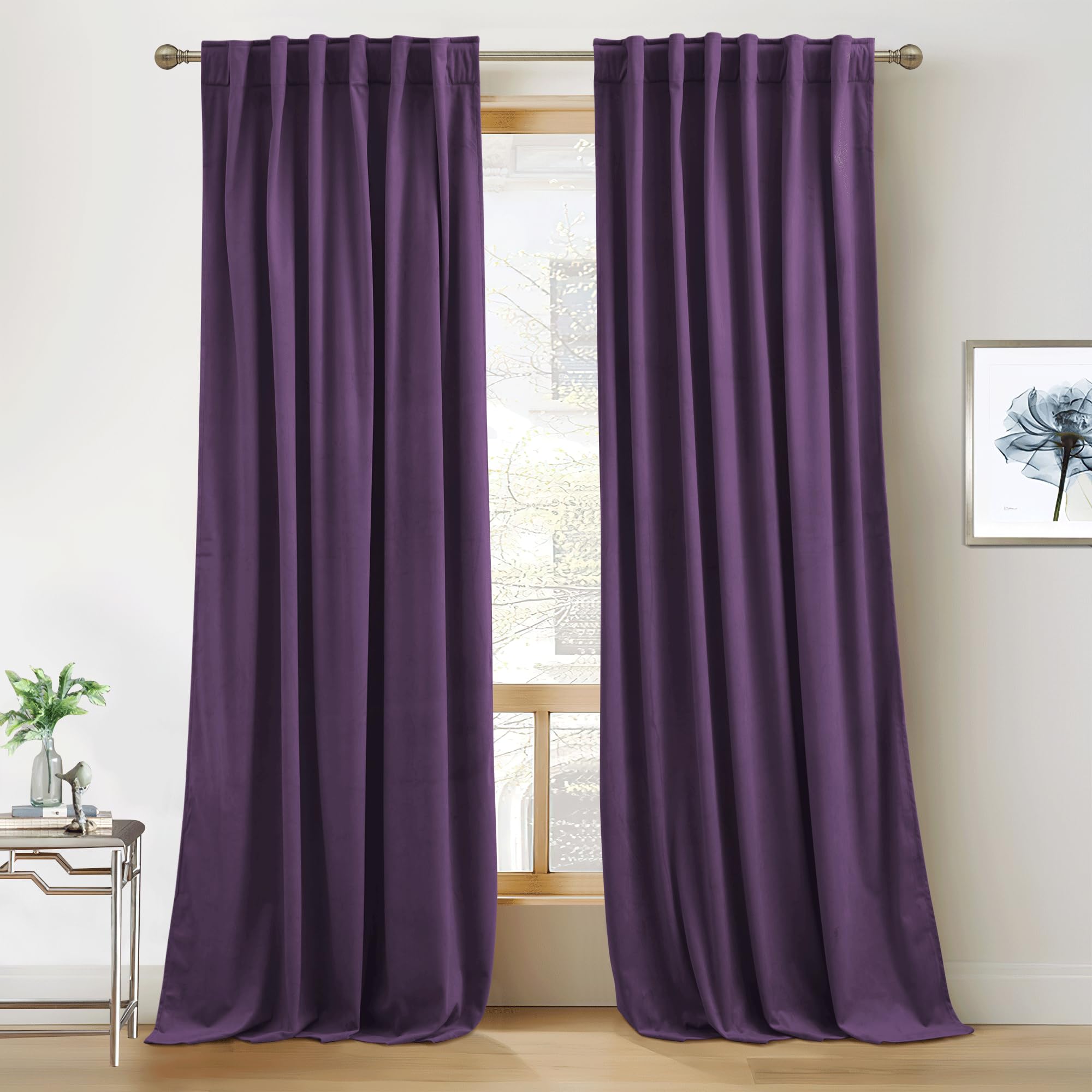 RYB HOME Purple Velvet Curtains 84 inches Length, Back Tab & Rod Pocket Soft Fabric Blackout Thermal Insulated Curtains & Drapes for Bedroom Dining