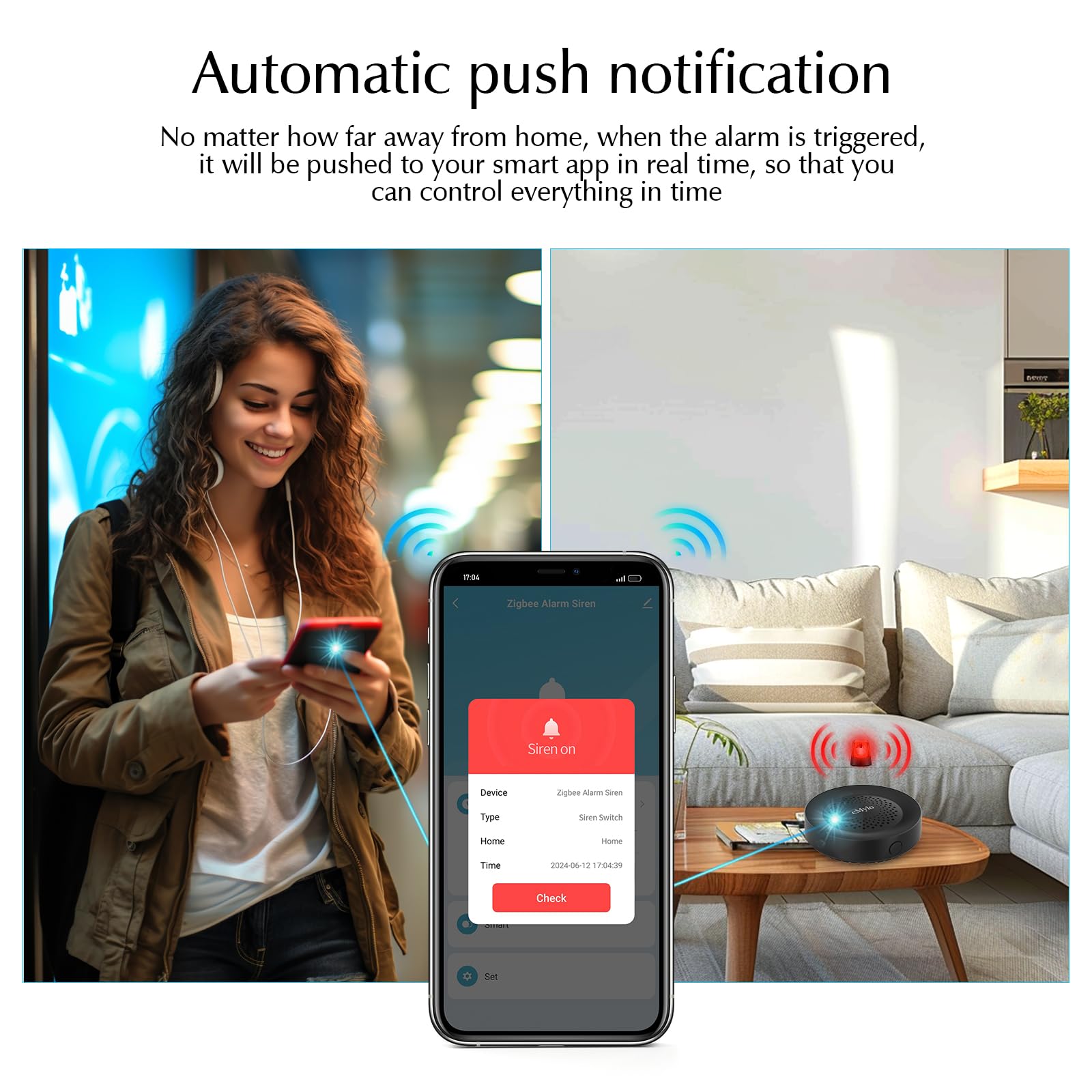 eMylo Zigbee Alarm, Alarma Negra, control TUYA/SmartLife APP, alarmas audibles y visibles, notificaciones automáticas push, para unidades residenciales, hospitales, residencias de ancianos, etc. (requ