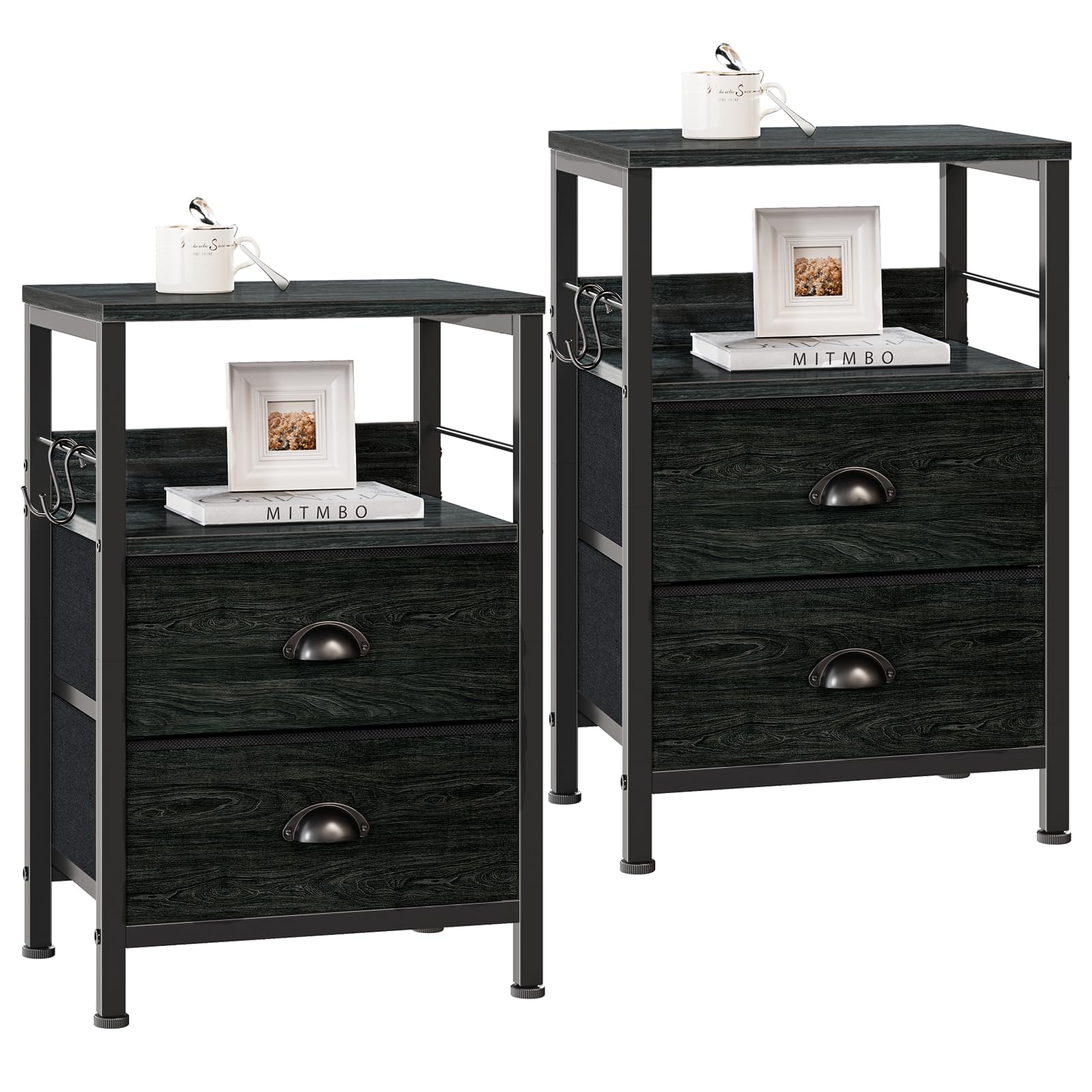 Furologee Nightstands Set 2, End Tables with 2 Fabric Drawers, Bedside Tables with Hooks and Shelf, for Bedroom/Living Room/Study/Black Oak