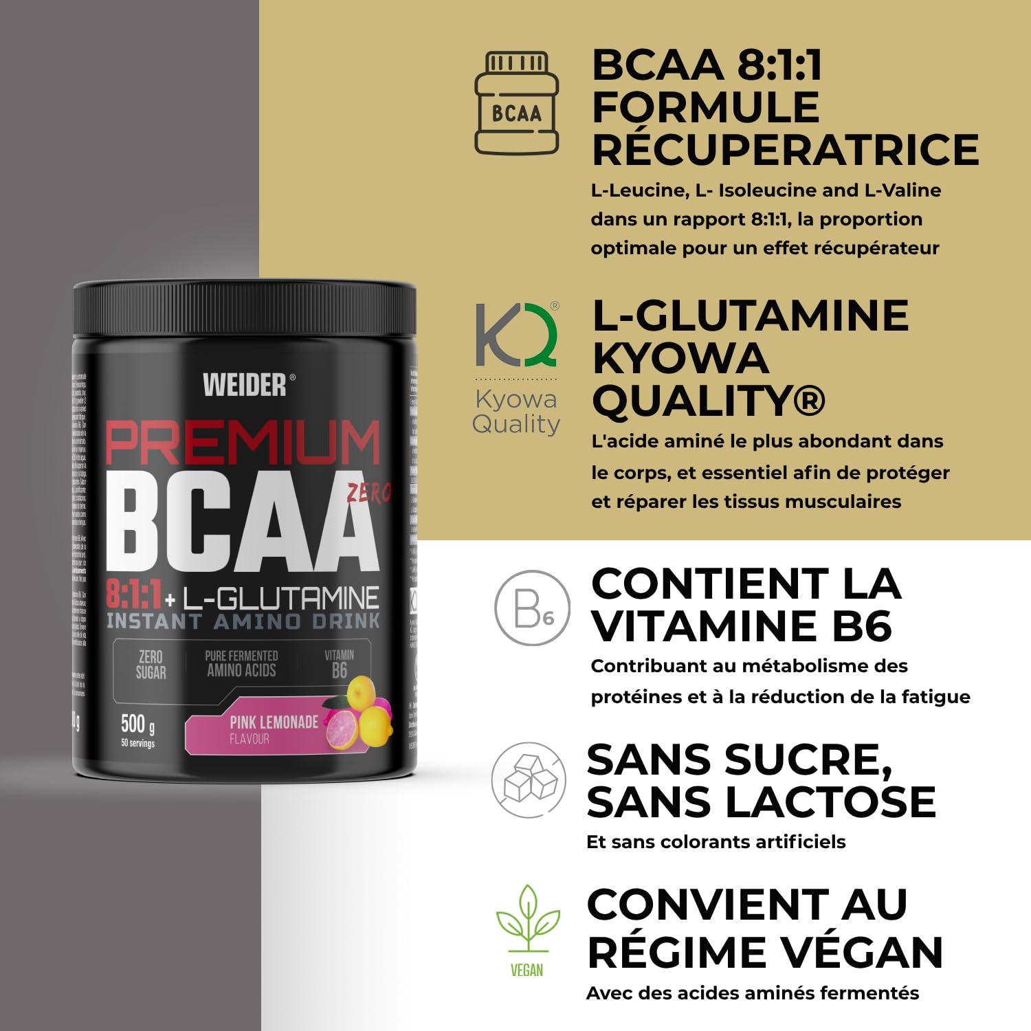 Weider Premium BCAA 8:1:1 + L-Glutamine (500g) Goût Pink Limonade - Avec Vitamine B6, Sans sucre, Vegan