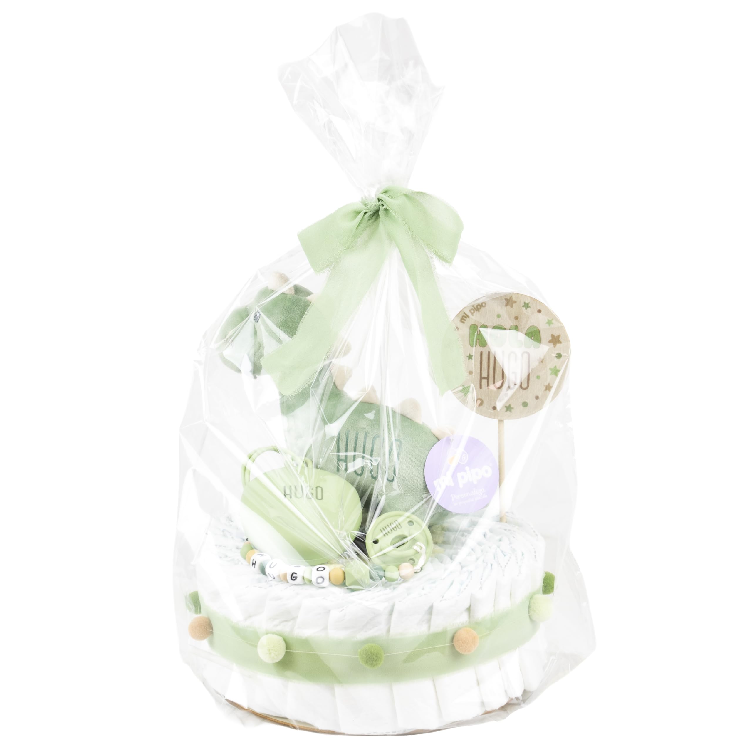 Tarta de Pañales Personalizada con Muñeco - Dinosaurio Verde | 28 Pañales de Talla 2 | Regalo Bebé Recién Nacido con Accesorios para Bebé | Baby Shower Unisex