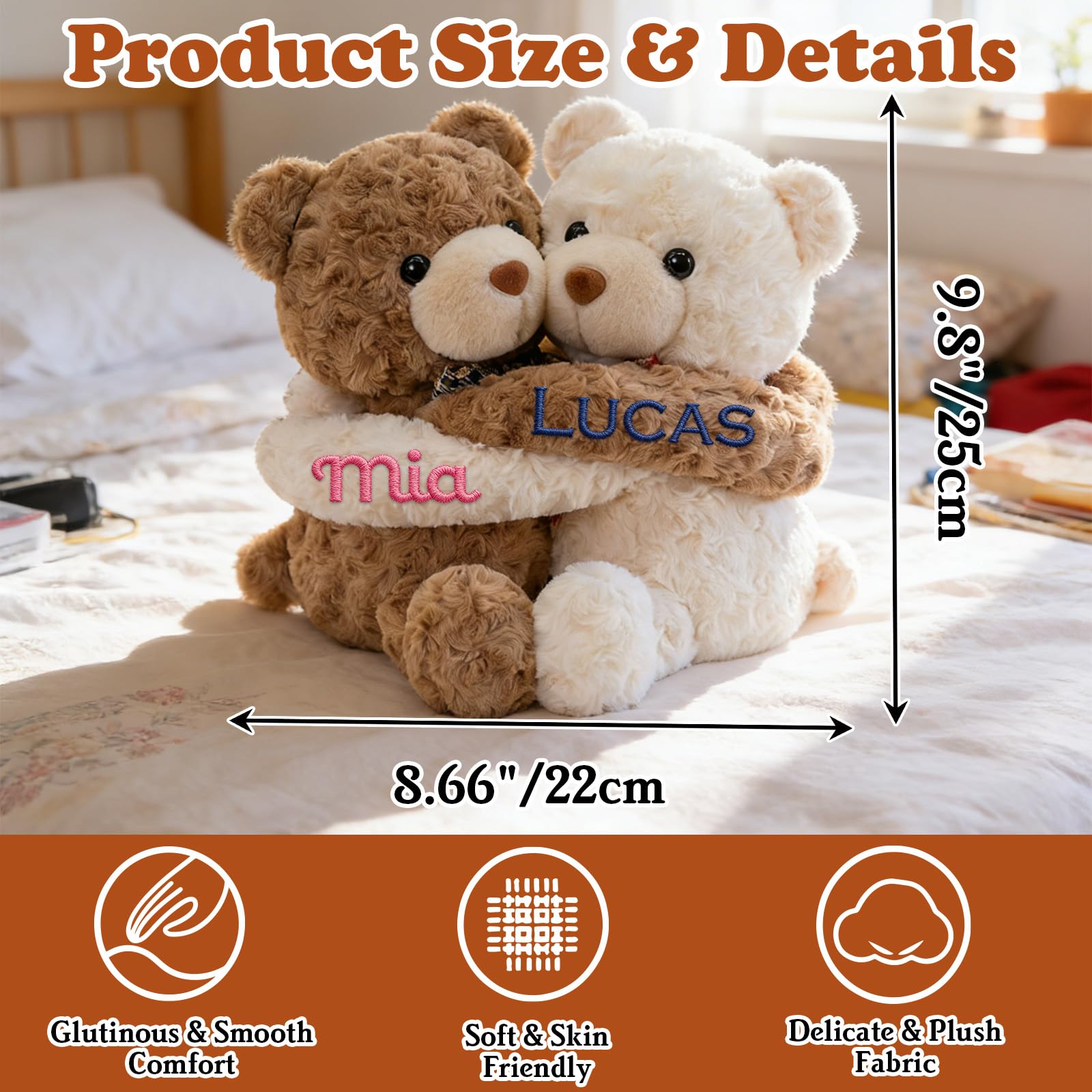 Personalized Hugging Teddy Bears, 2 Stuffed Bear or Puppy Plush Toy, Custom Embroidered Name, Romantic Gift for Couples, Room Home Decor, Birthday Anniversary Wedding Valentine's Day Gifts - 5