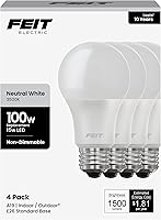 Feit Electric A19 LED Bulbs 100W Equivalent, 1500 Lumens 3500K Neutral White, E26 Non-Dimmable 4-Pack, 11,000 Hour Lifespan