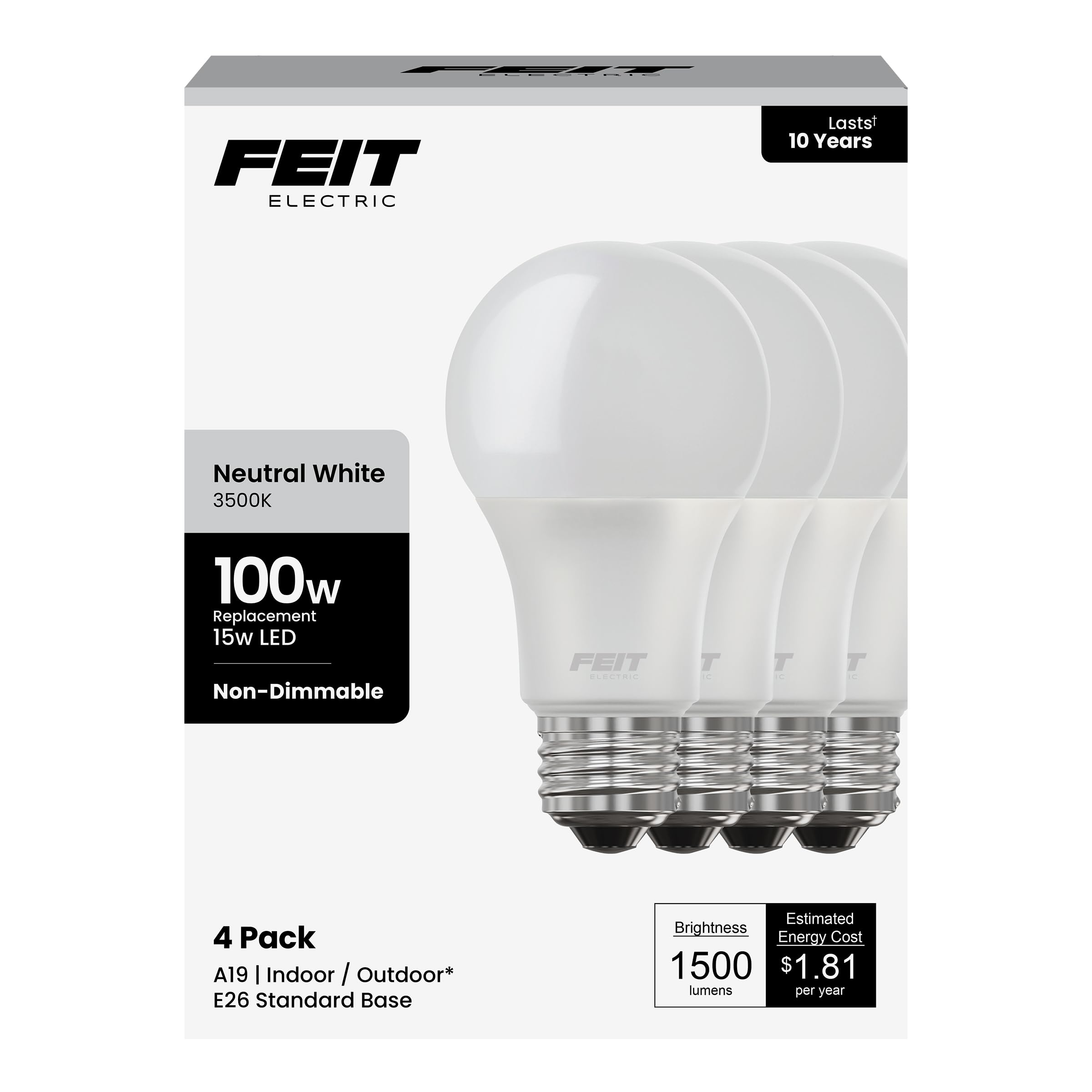 Feit Electric A19 LED Light Bulb 100W Equivalent 1500 Lumens 3500K Neutral White Non-Dimmable E26 Base Indoor Outdoor