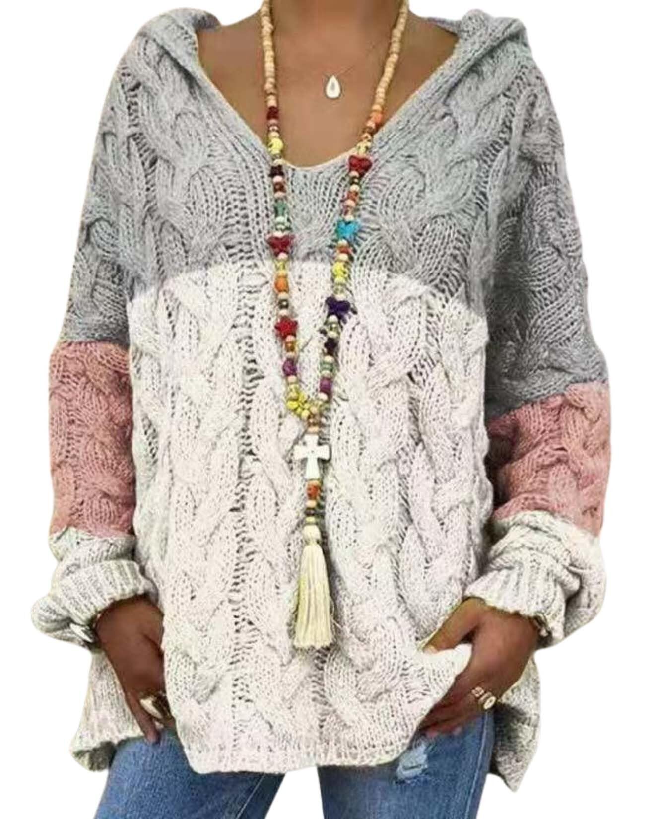 Thick Knit Plus Size Drop Shoulder Solid Color Ribbed Hem Womens Winter Hooded Sweater