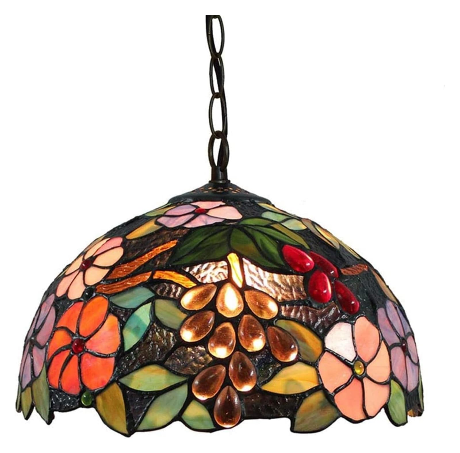 Vitrail Tiffany fait main pour ce lustre plafonnier raisin