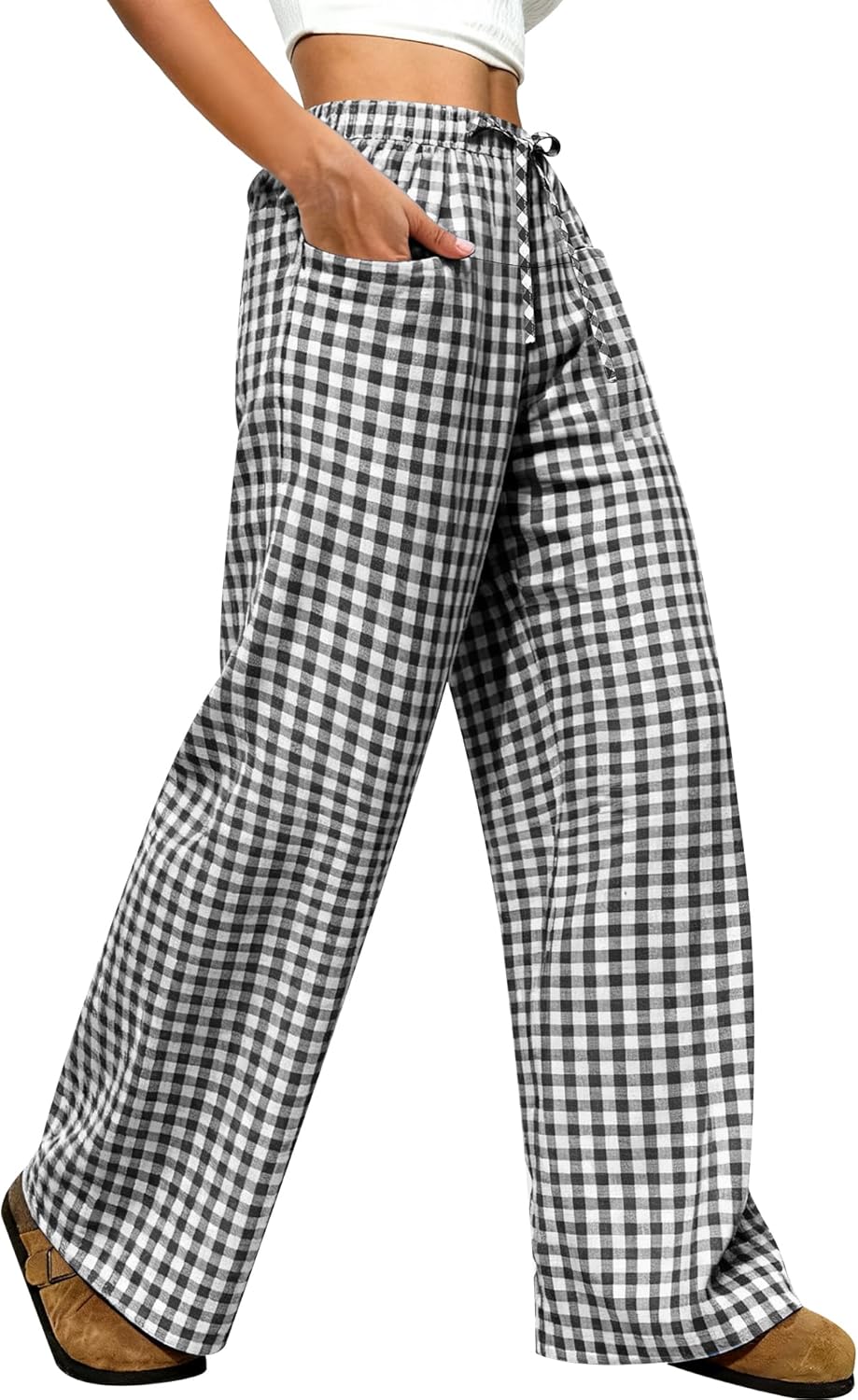 ANRABESS Womens Striped Gingham Pants 2026 Pajama Drawstring Wide Leg Lounge Plaid Pants Cute Casual Trousers with Pockets - Image 2