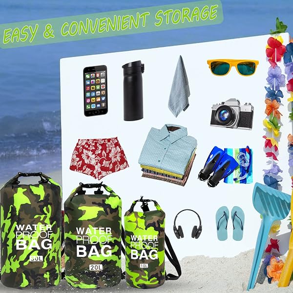 JSRHEEM Borsa Impermeabile, Dry Bag 10L 20L 30L con Tracolla Regolabile, Sacca Stagna per Kayak, Rafting, Nuoto, Canottaggio, Canoa, Spiaggia, Sport Acquatici (verde mimetico, 10 litri) - 3