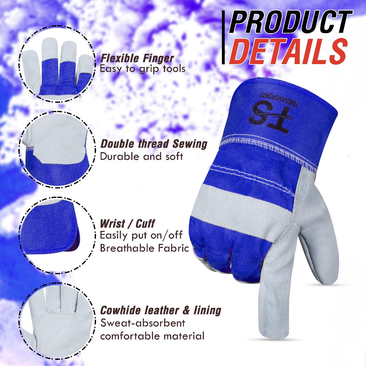 Tussan Sports Split Leather Work Gloves, Heavy Duty Thorn Proof Gardening Gloves for Digging, Weeding, Planting and Construction Working Pruning & Rigger Tasks (Blue, Pair of 1) - Image 3