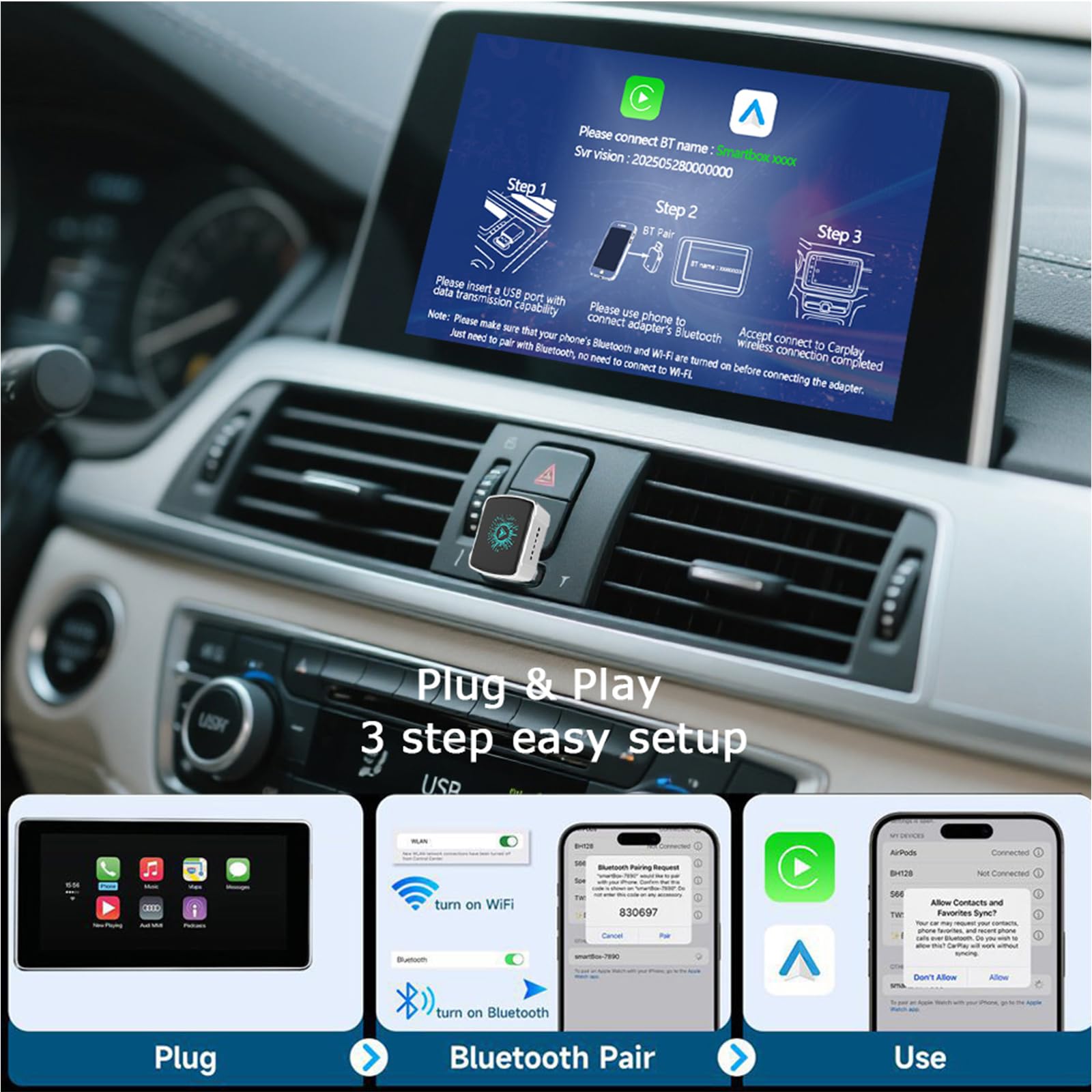 Adattatore Wireless CarPlay 2 in 1 CarPlay Wireless Adattatore Cavo a Wireless, Plug & Play, USB A/C Mini & Stable USB Android Auto Adattatore con Wired CarPlay per iOS 10+/Android 11+, Auto dal 2016