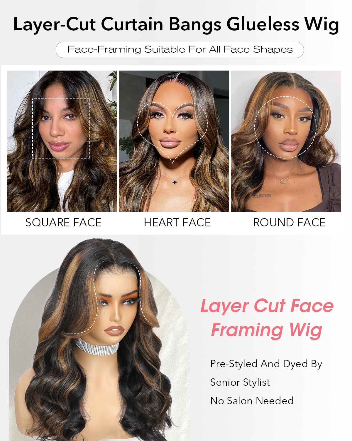 Layered Curtain Bangs Highlight 1B/30 Face-Framing 6x6 Glueless Wigs Human Hair Pre Plucked Pre Cut Lace 200 Density Black Mix Brown Loose Body Wave Lace Front Wigs Human Hair for Black Women 28 Inch - Image 2